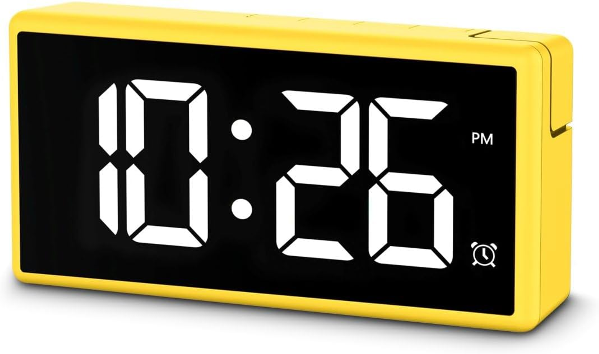 Horloge numérique jaune affichant 10:26 PM. Affichage clair sur cadre jaune vif.
