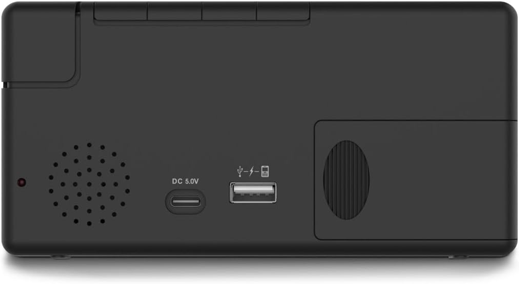 Vista posteriore di un dispositivo nero con porta USB e ingresso alimentazione.