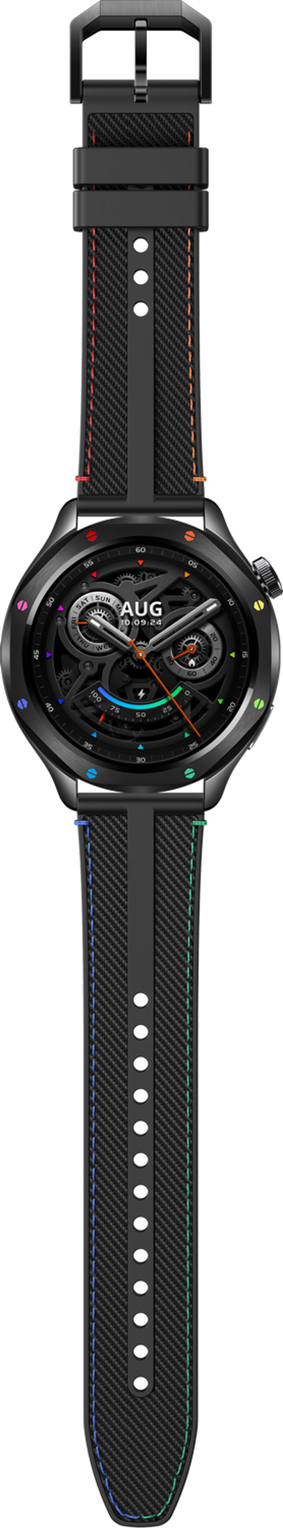 Schwarze Smartwatch mit Regenbogen-Nahtband. Das Zifferblatt zeigt eine mehrfarbige Oberfläche.