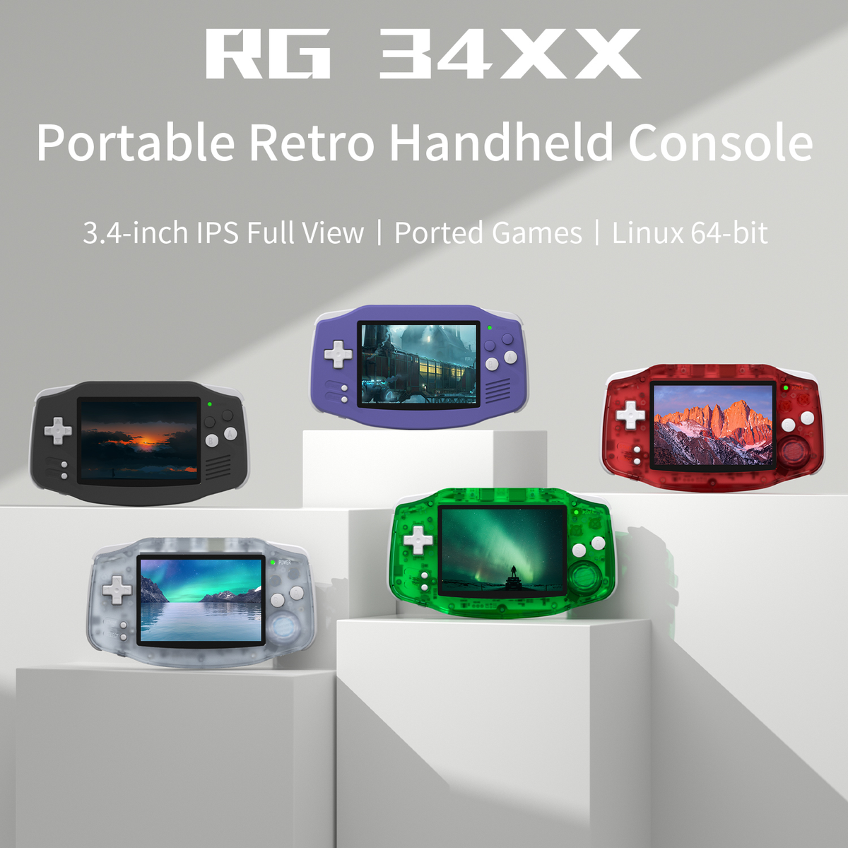 Console portatili retrò in nero, viola, rosso, verde e grigio, con sfondo bianco.