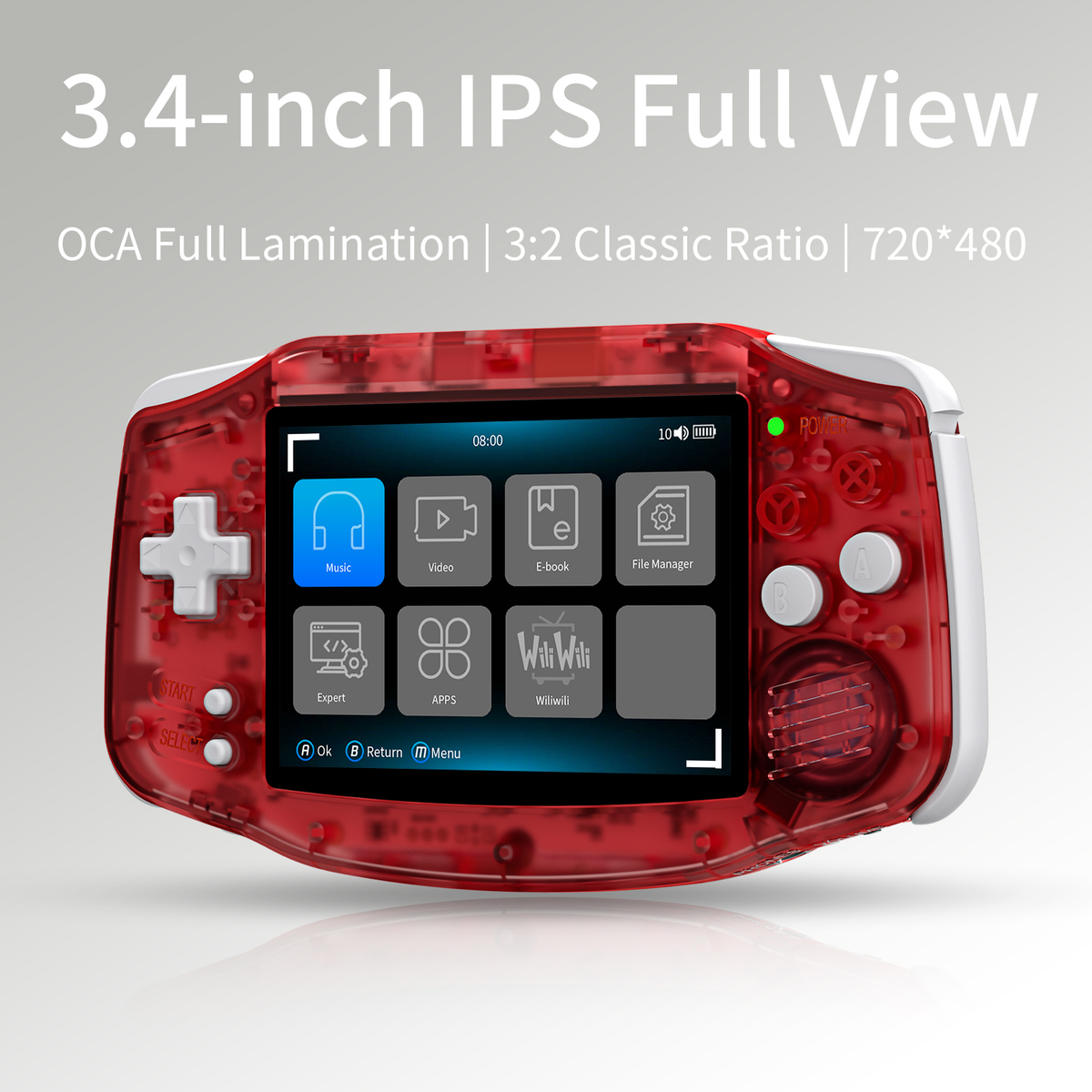Console di gioco portatile rossa, vista frontale. Ha uno schermo che mostra icone, un D-pad e pulsanti.