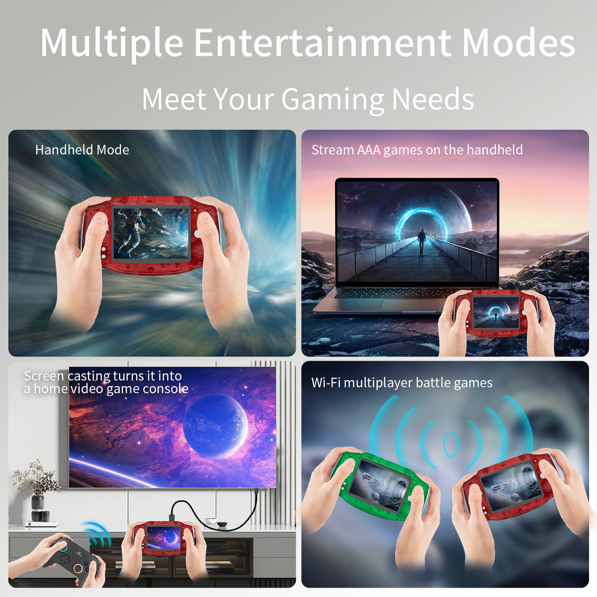 Modalità di intrattenimento multiple su uno schermo. Modalità portatile, streaming di giochi e console per videogiochi.