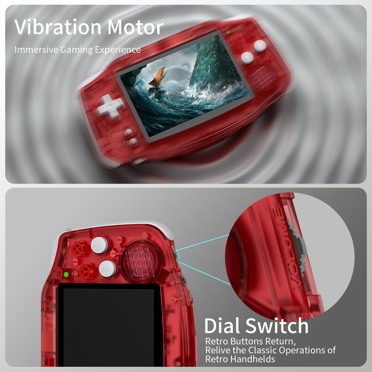 Console di gioco portatile rossa, vista dettagliata, pulsanti, schermo e descrizioni del motore a vibrazione.