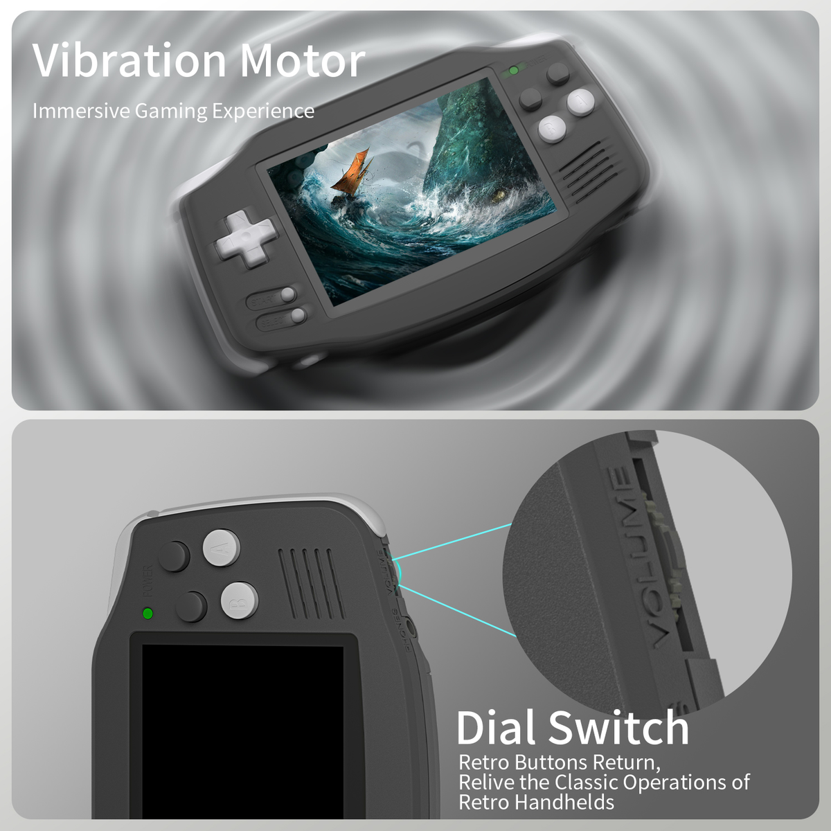 Una console di gioco portatile con uno schermo che mostra una scena di barca. Dettagli della manopola del volume.