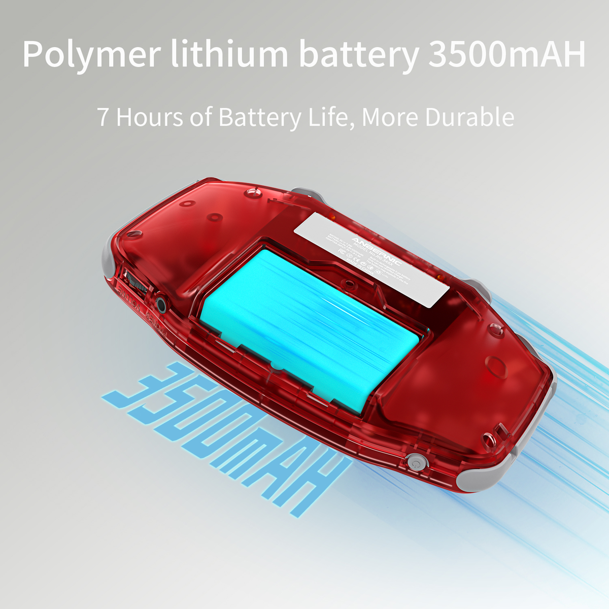 Console di gioco portatile rossa con batteria blu. Il testo indica batteria da 3500mAh.