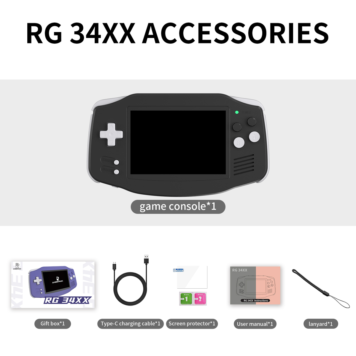 Una console e accessori: confezione regalo, cavo, protezione schermo, manuale utente e cordino.