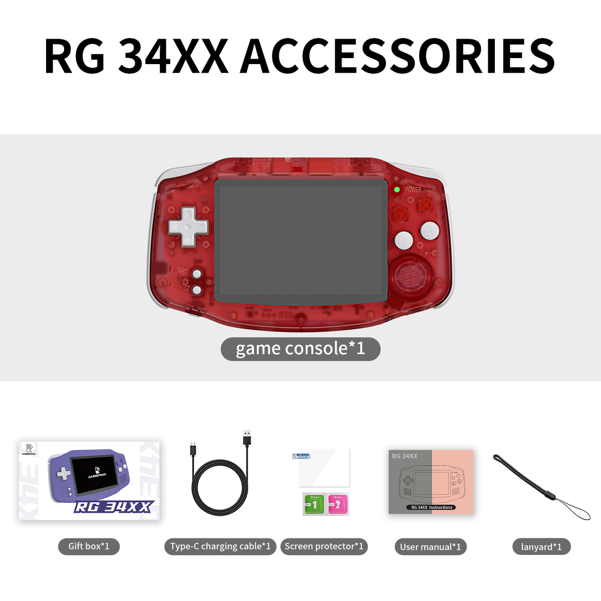 Accessori per console di gioco portatile rossa RG 34XX: confezione regalo, cavo, protezione schermo, manuale utente e cordino.