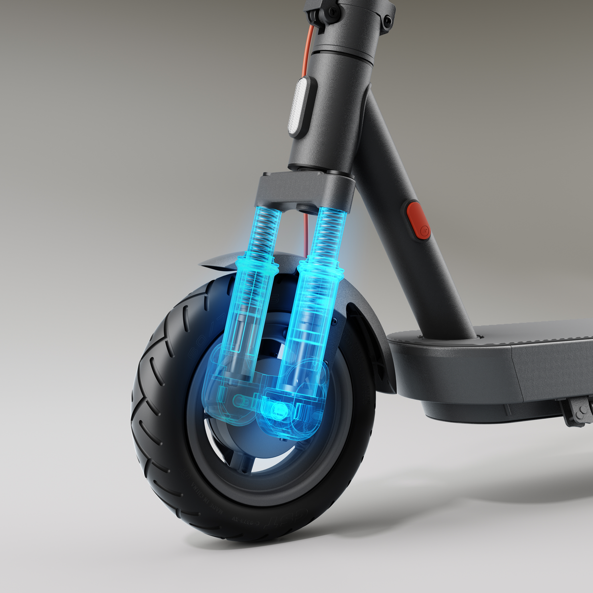 Primer plano de la rueda delantera de un patinete eléctrico con suspensión resaltada en azul.