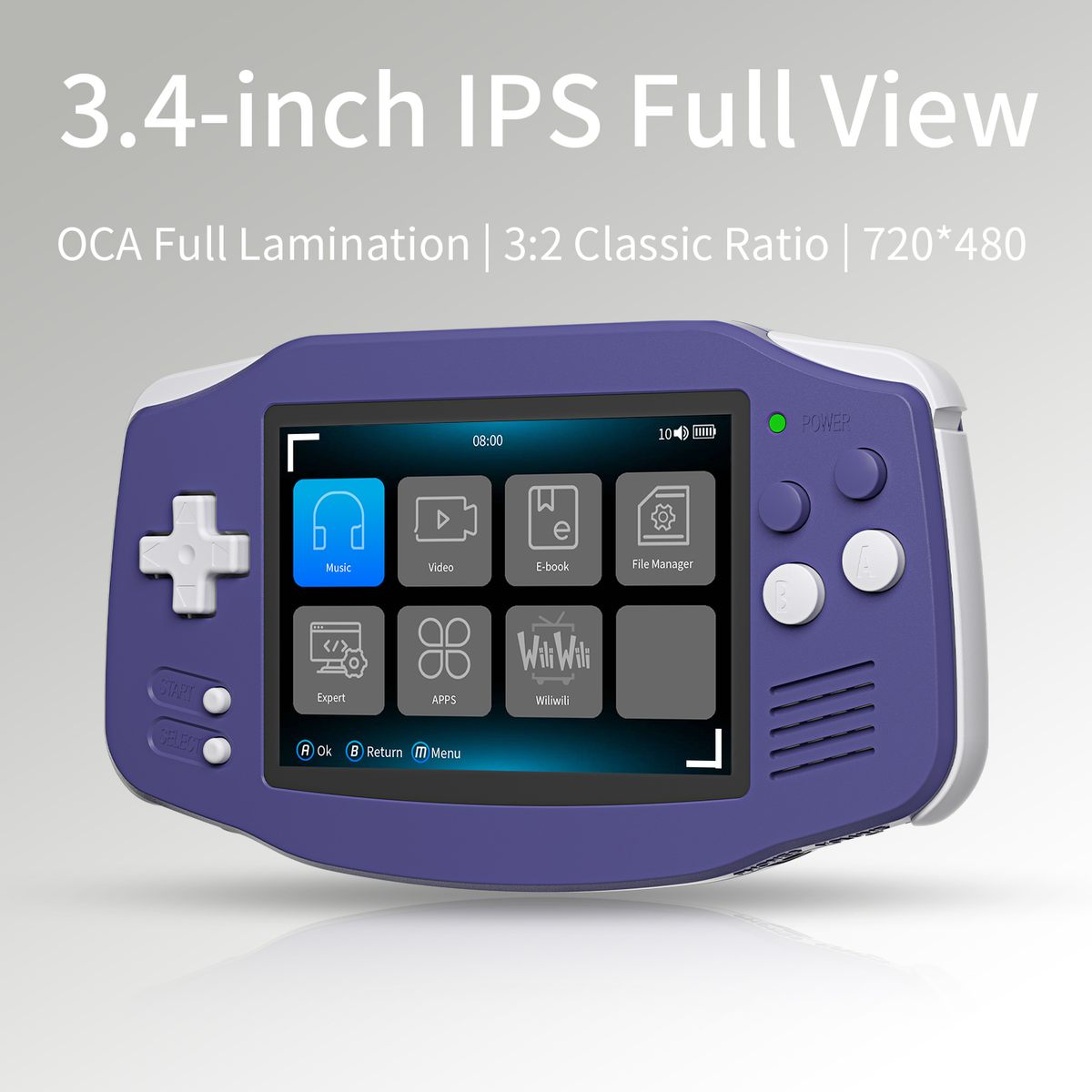 Console di gioco portatile viola con schermo che mostra icone.