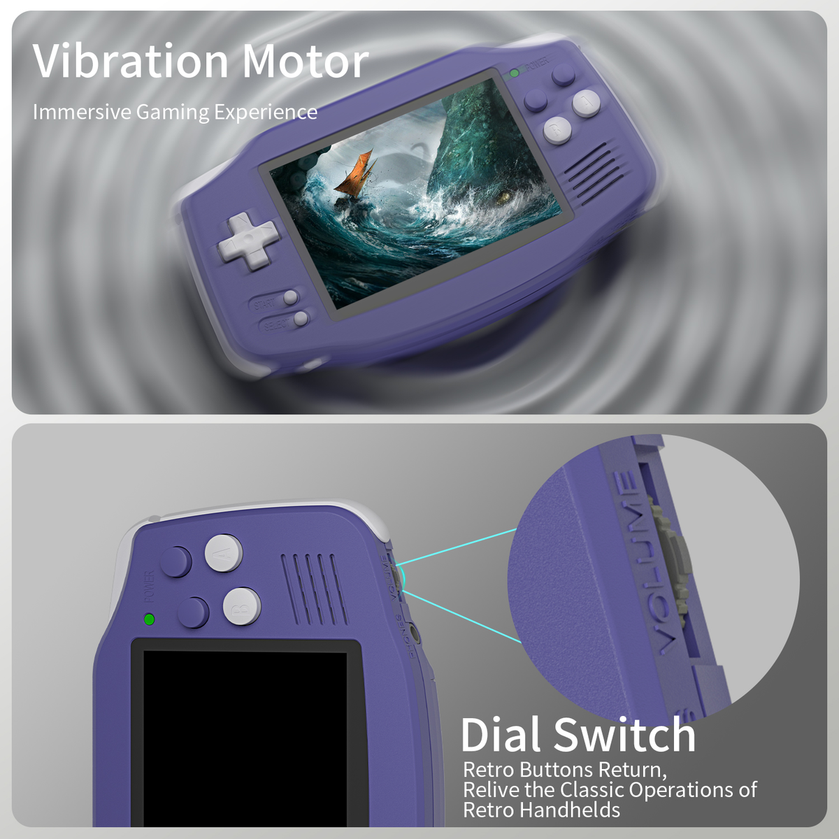 Una console di gioco portatile viola con schermo e pulsanti. Vengono mostrate due immagini con testo.