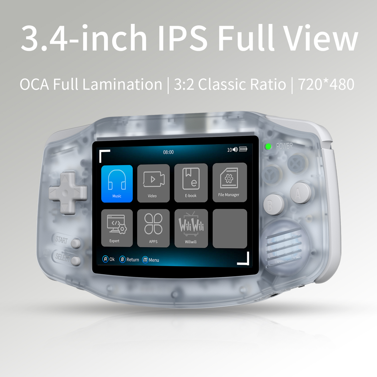 Una console di gioco portatile trasparente con uno schermo che mostra icone. Pulsanti e un d-pad sono visibili.