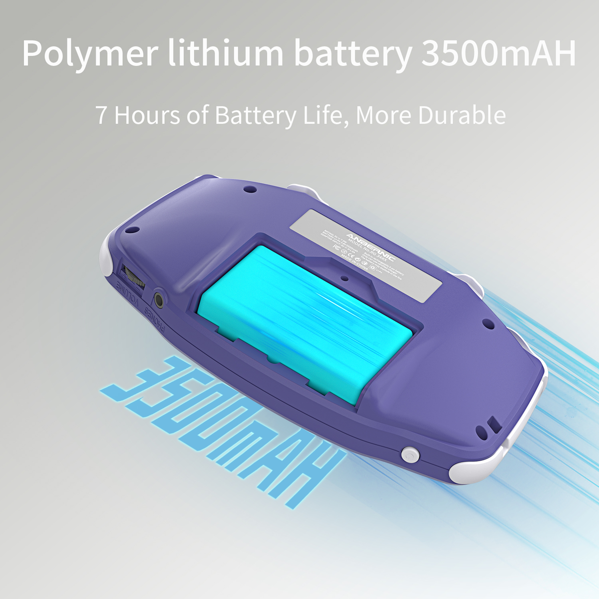 Console di gioco portatile viola con batteria blu. Testo: Batteria al litio polimero 3500mAh.