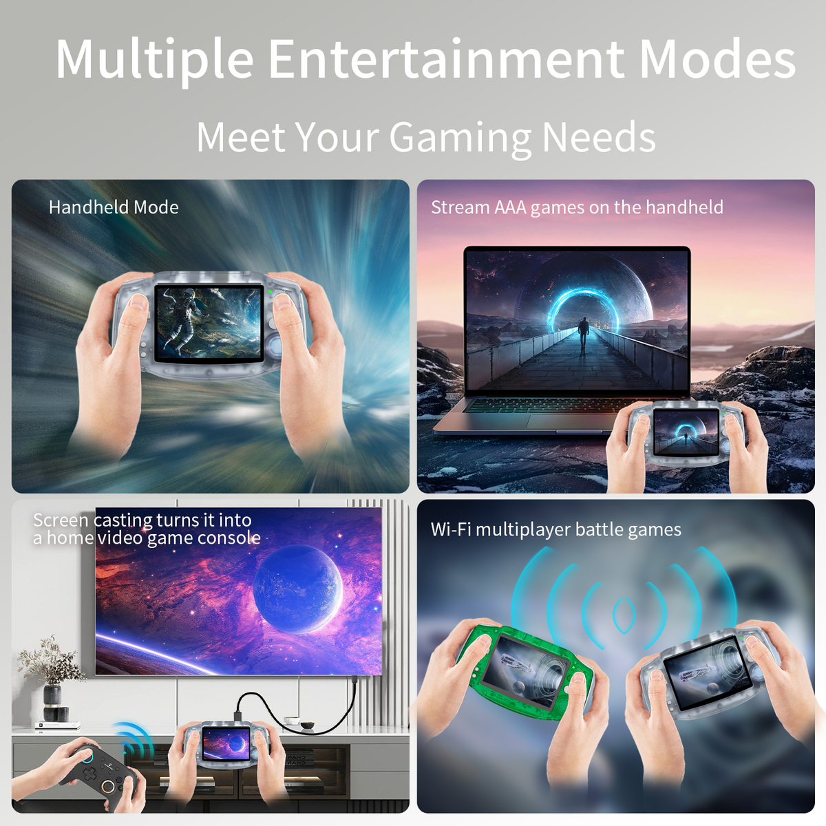 Quattro immagini che mostrano le modalità di gioco: portatile, streaming, console domestica e multiplayer.
