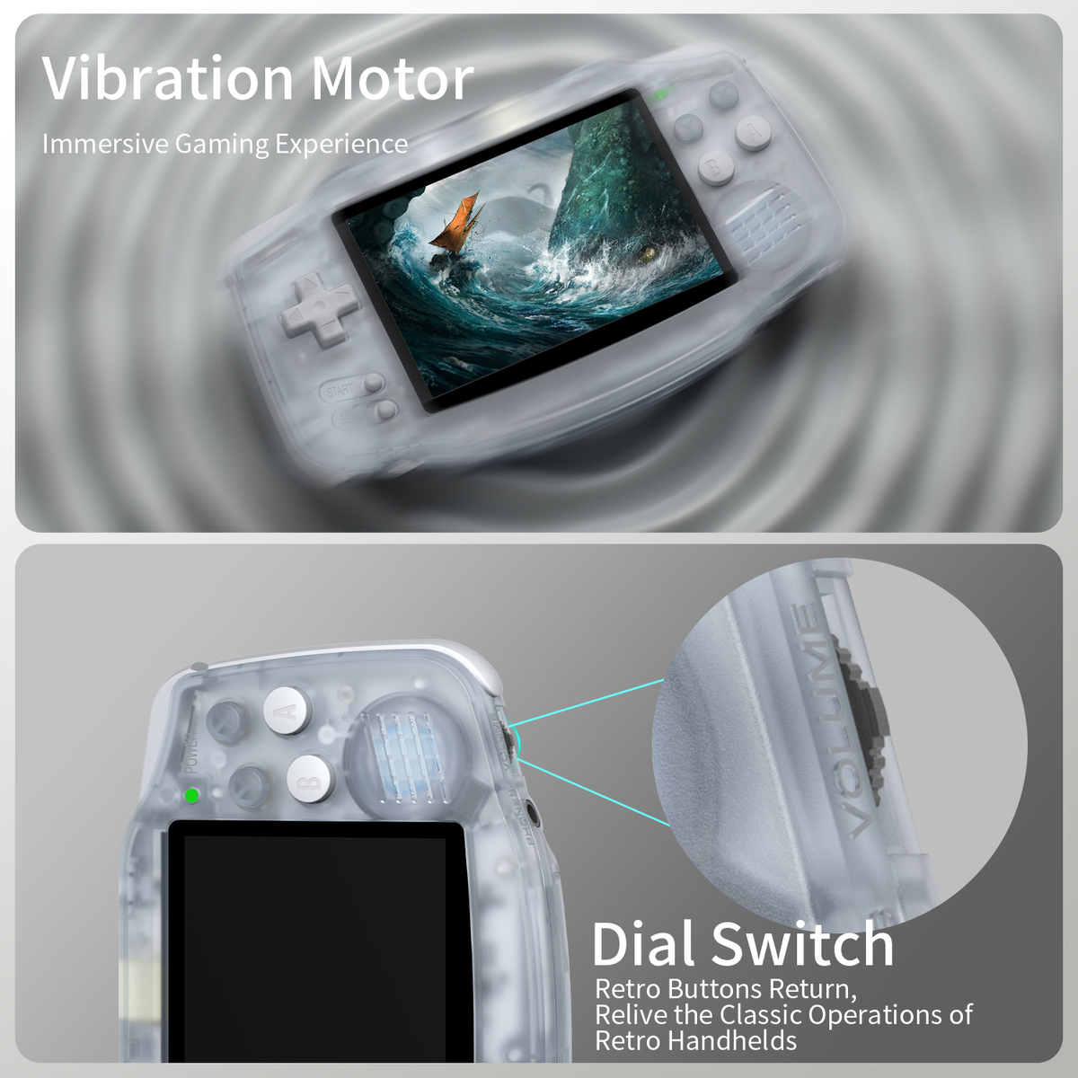 Console di gioco portatile trasparente con schermo che mostra un gioco e dettagli.