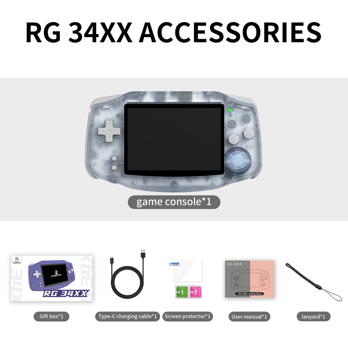 Una console di gioco trasparente e accessori. La console è trasparente con pulsanti colorati.