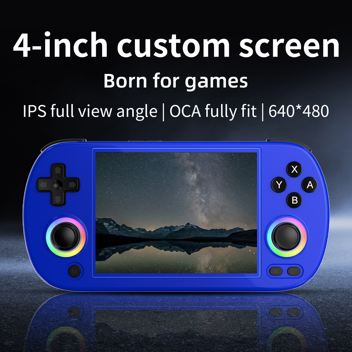 Consola de juegos portátil azul con pantalla de paisaje nocturno. Tiene botones y palancas.