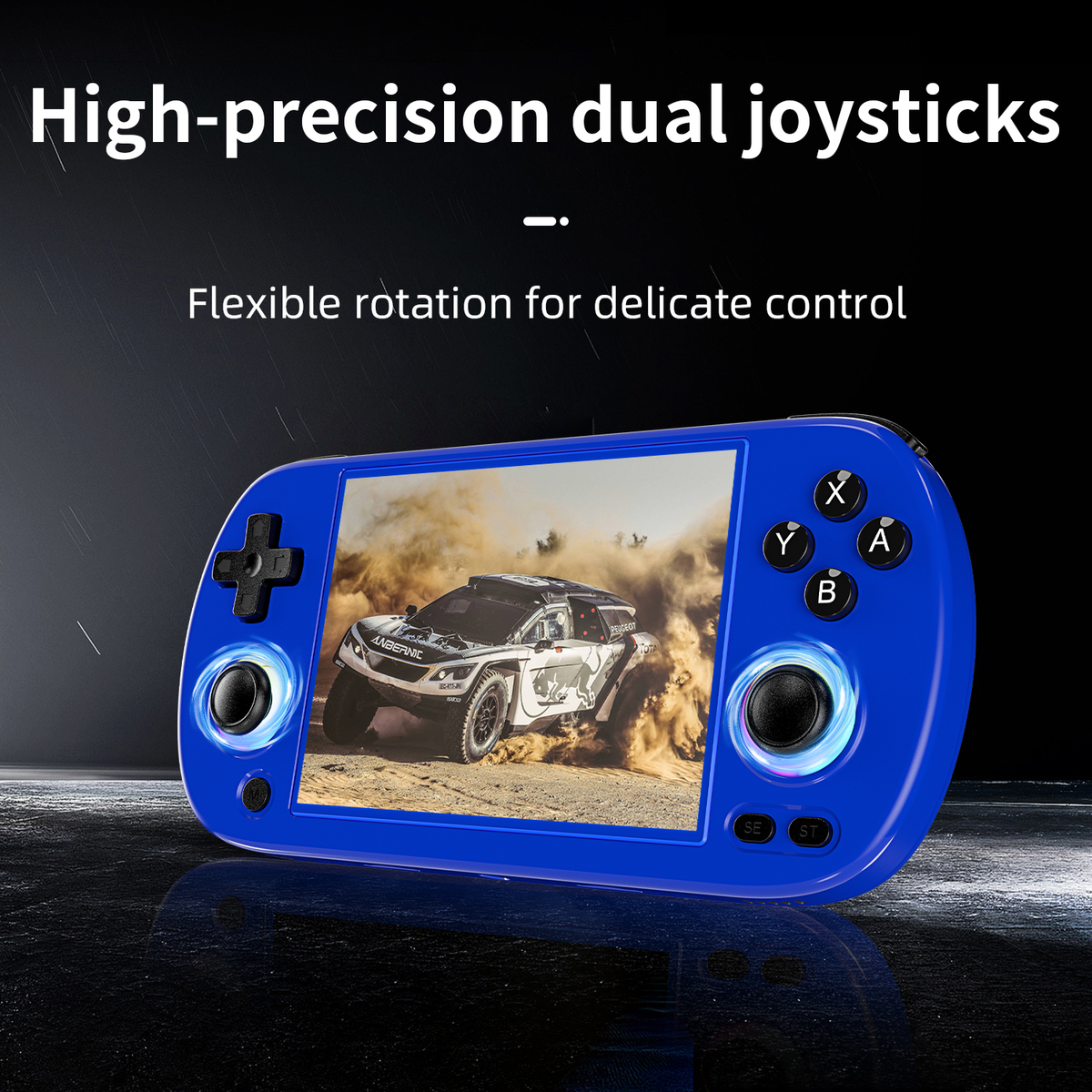 Consola de juegos portátil azul con un coche corriendo en la pantalla. Tiene dos joysticks y botones.
