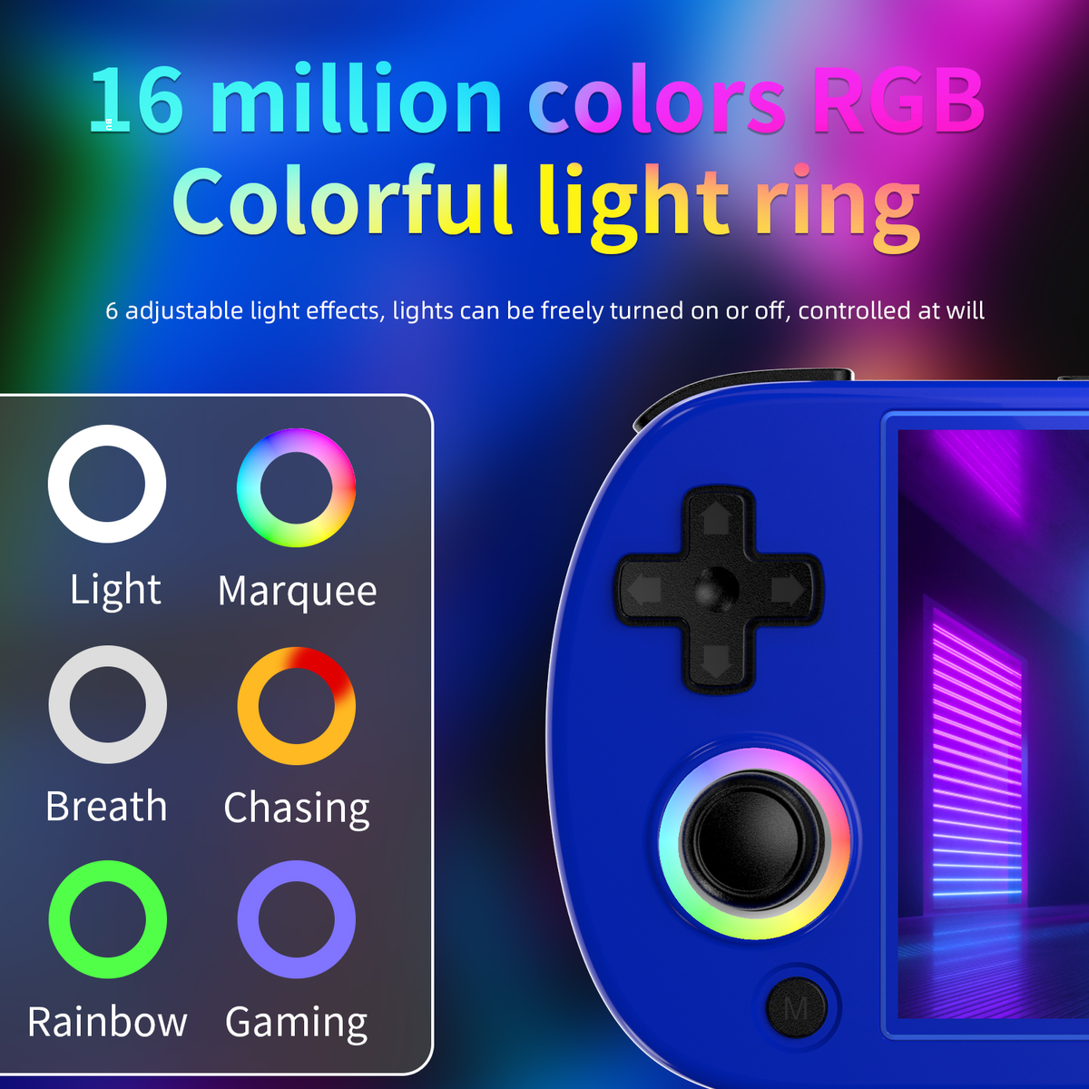 Mando de juego azul con anillo de luz multicolor e iconos de efectos de luz.