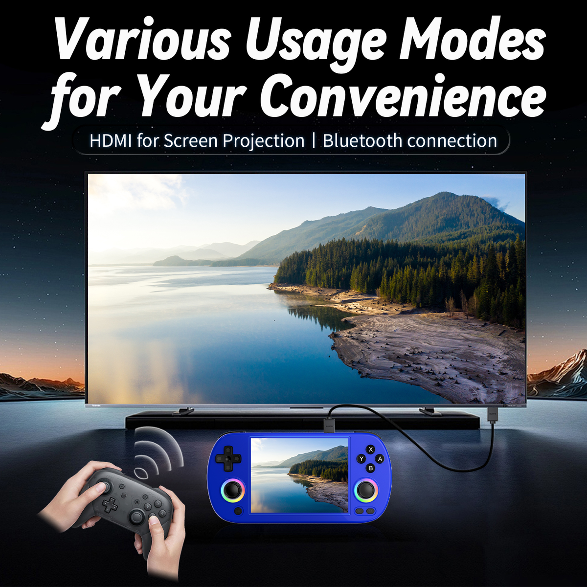 Una persona sosteniendo un controlador. Un televisor que muestra un lago. Dispositivo de juegos portátil.