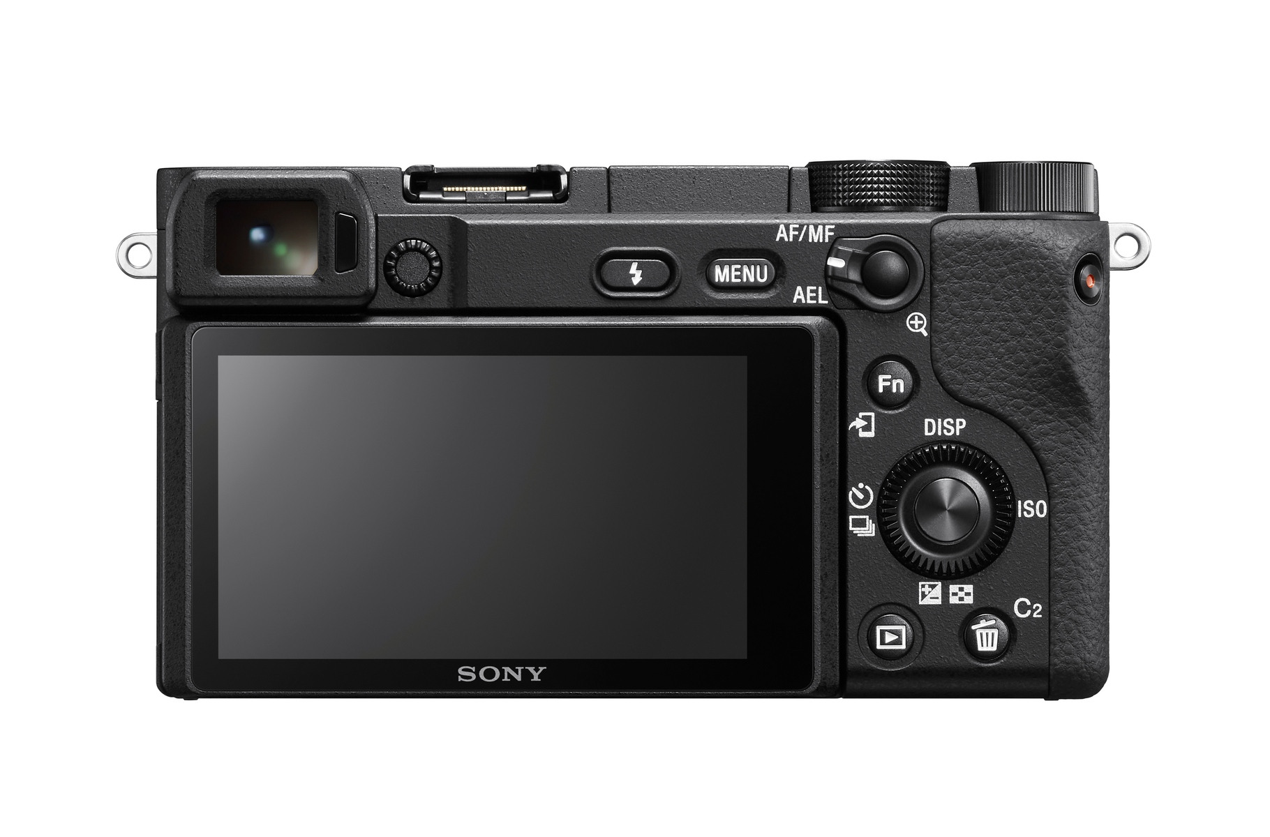 Vista trasera de una cámara Sony negra, mostrando botones, pantalla y ajustes.