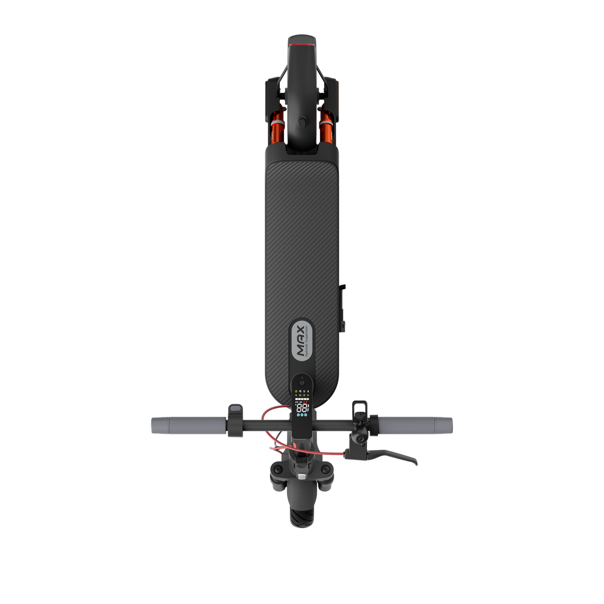Scooter elettrico nero. Vista dall'alto. Manubrio, display e pedana visibili. Sfondo nero.