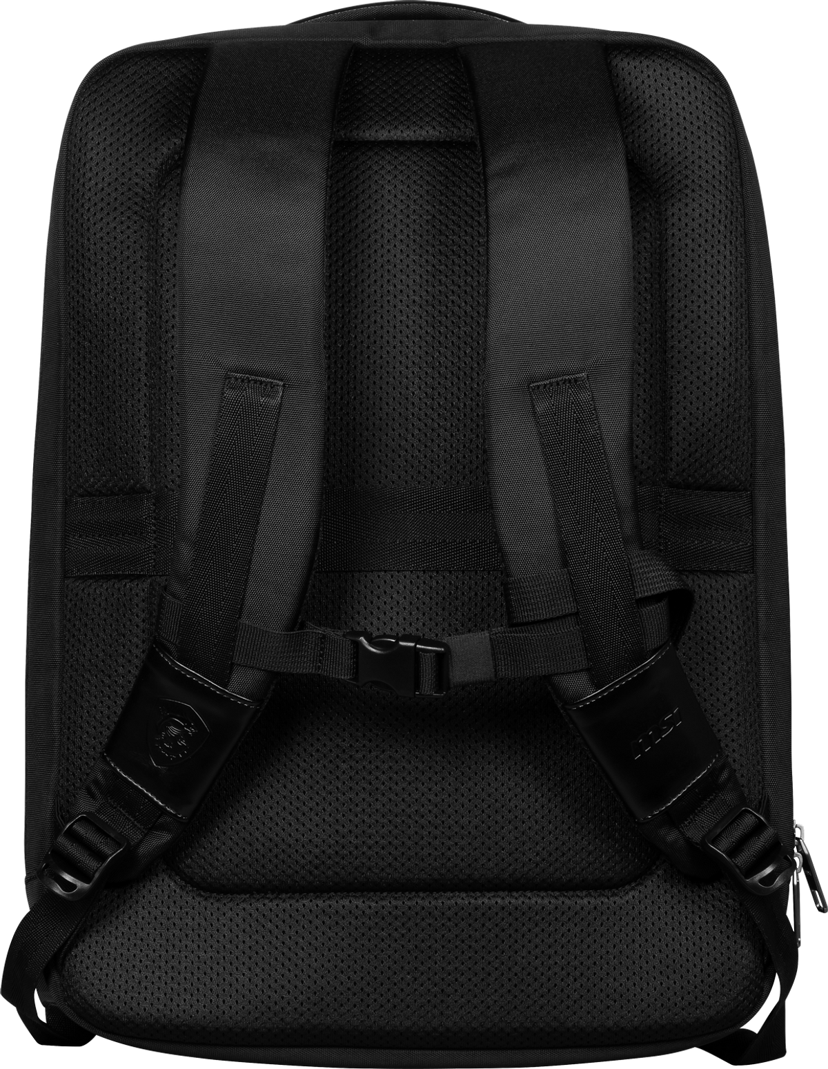 Mochila negra con correas acolchadas y hebilla. La vista trasera muestra las correas y el soporte lumbar.
