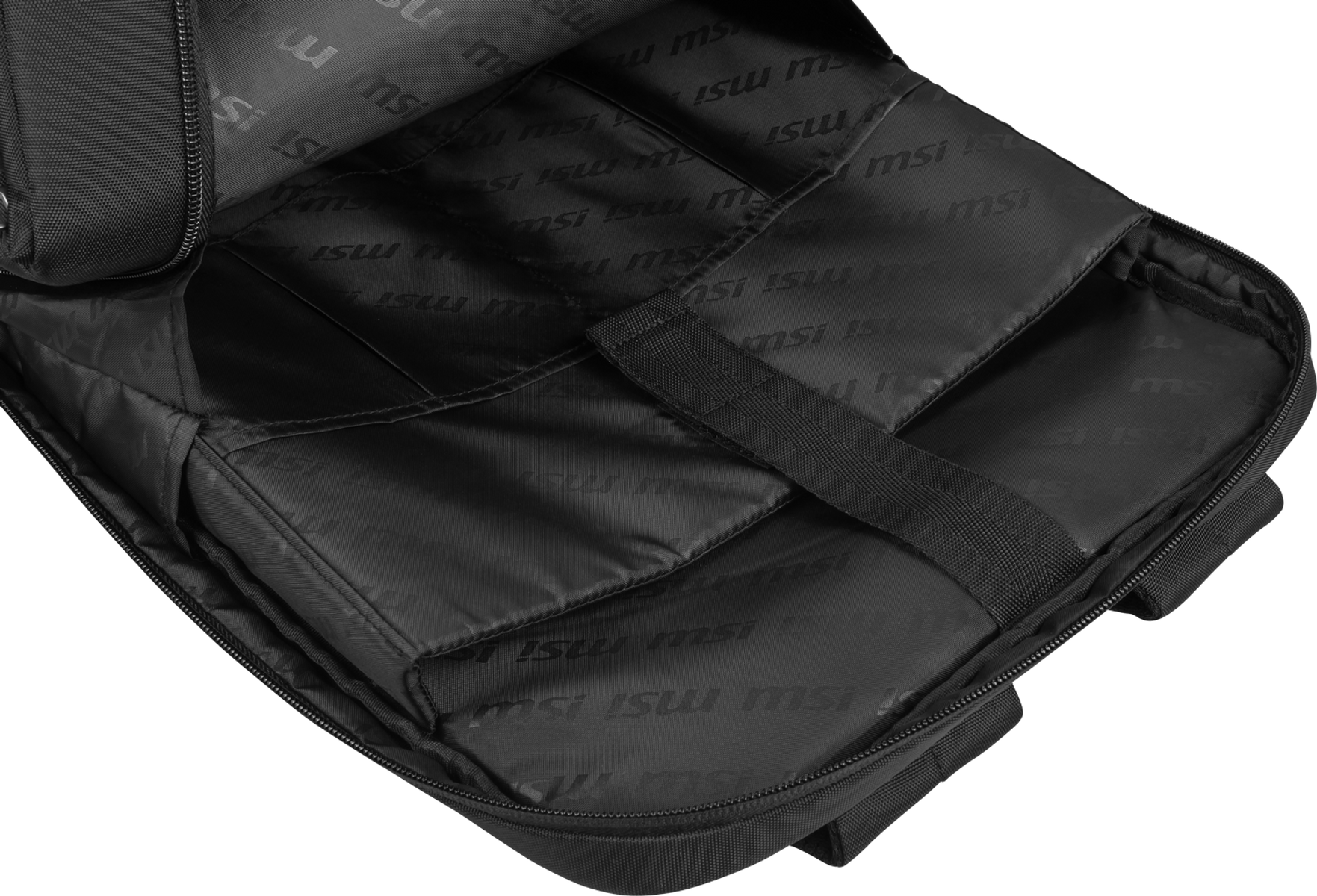 Interior de una mochila negra. Logotipo de MSI impreso en el forro.