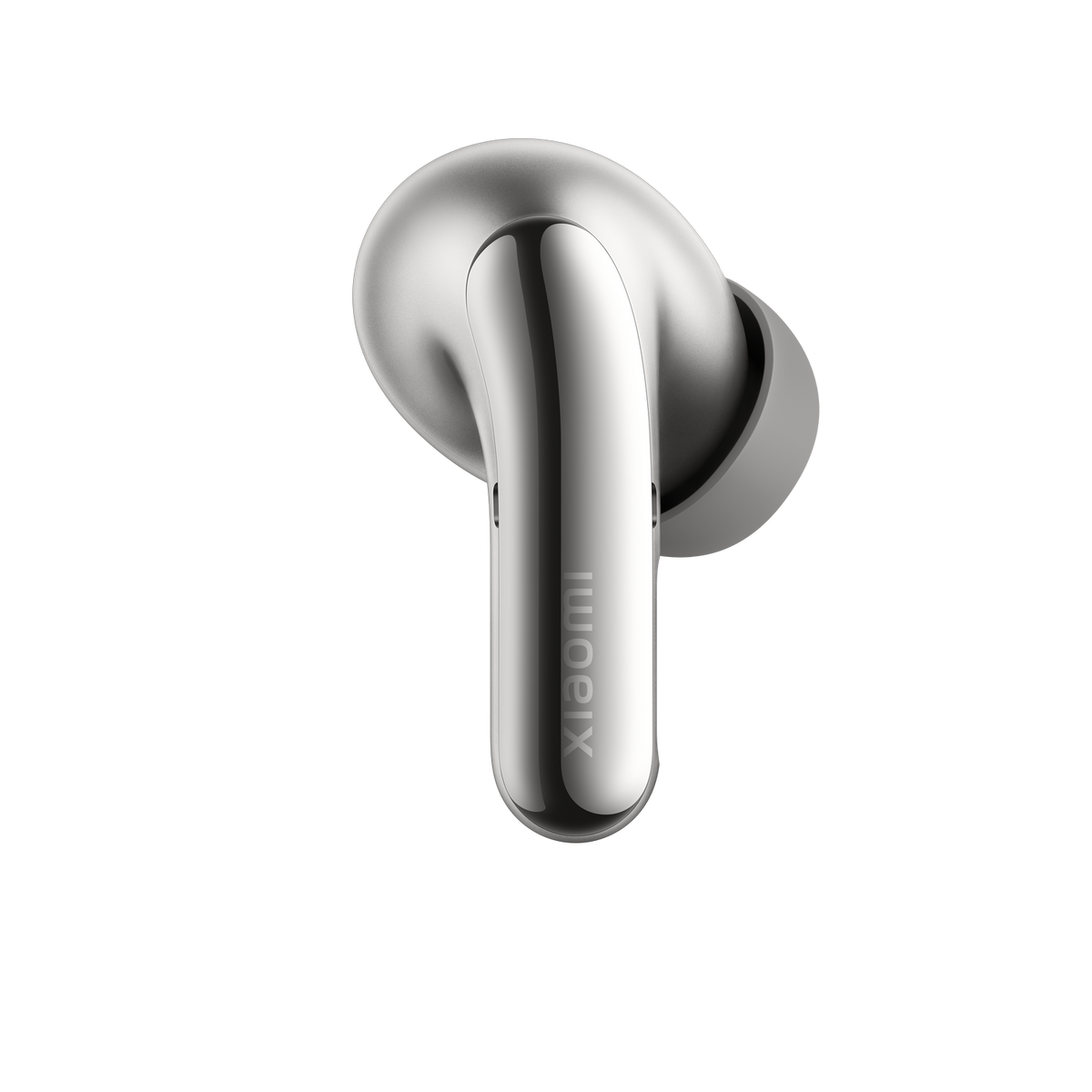 Silberner Xiaomi-Ohrhörer. Der Stiel hat das Xiaomi-Logo. Schwarzer Hintergrund.