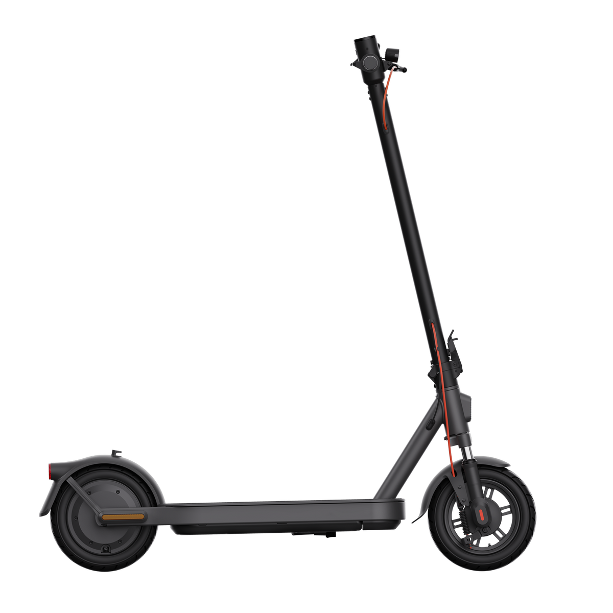 Scooter eléctrico negro con manillar vertical y detalles rojos.