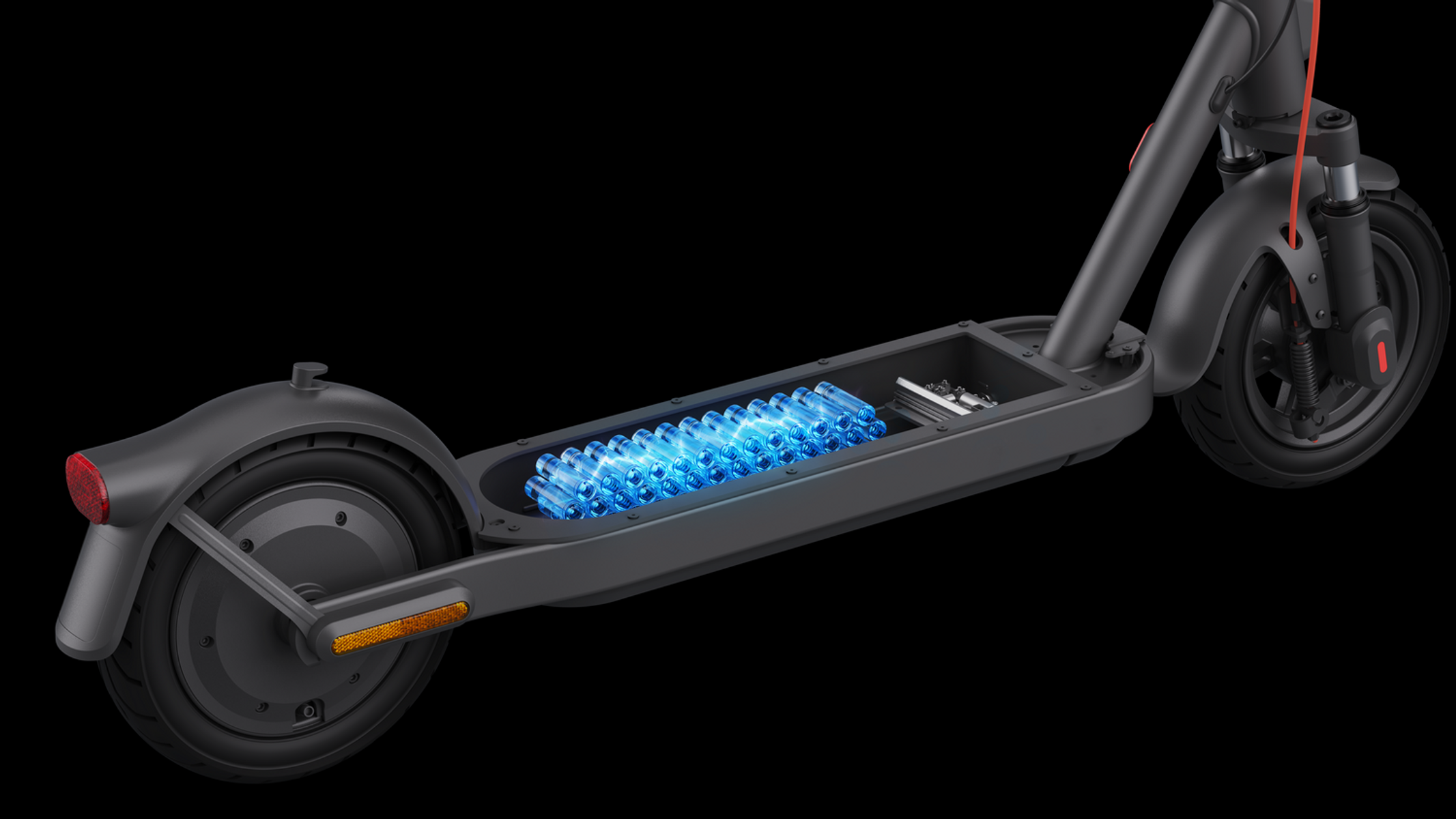 Scooter eléctrico, vista lateral, marco negro, con compartimento de batería iluminado con luces azules.