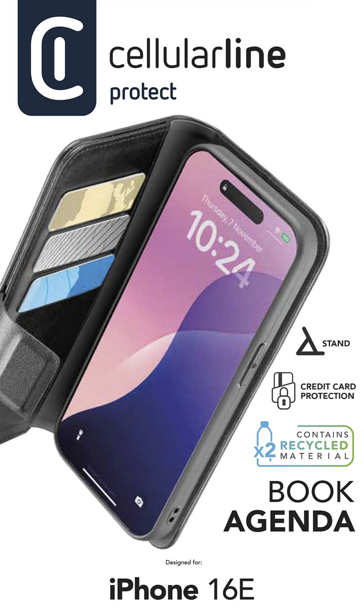 Smartphone in custodia nera con fessure per carte di credito. Sfondo nero, testo bianco.
