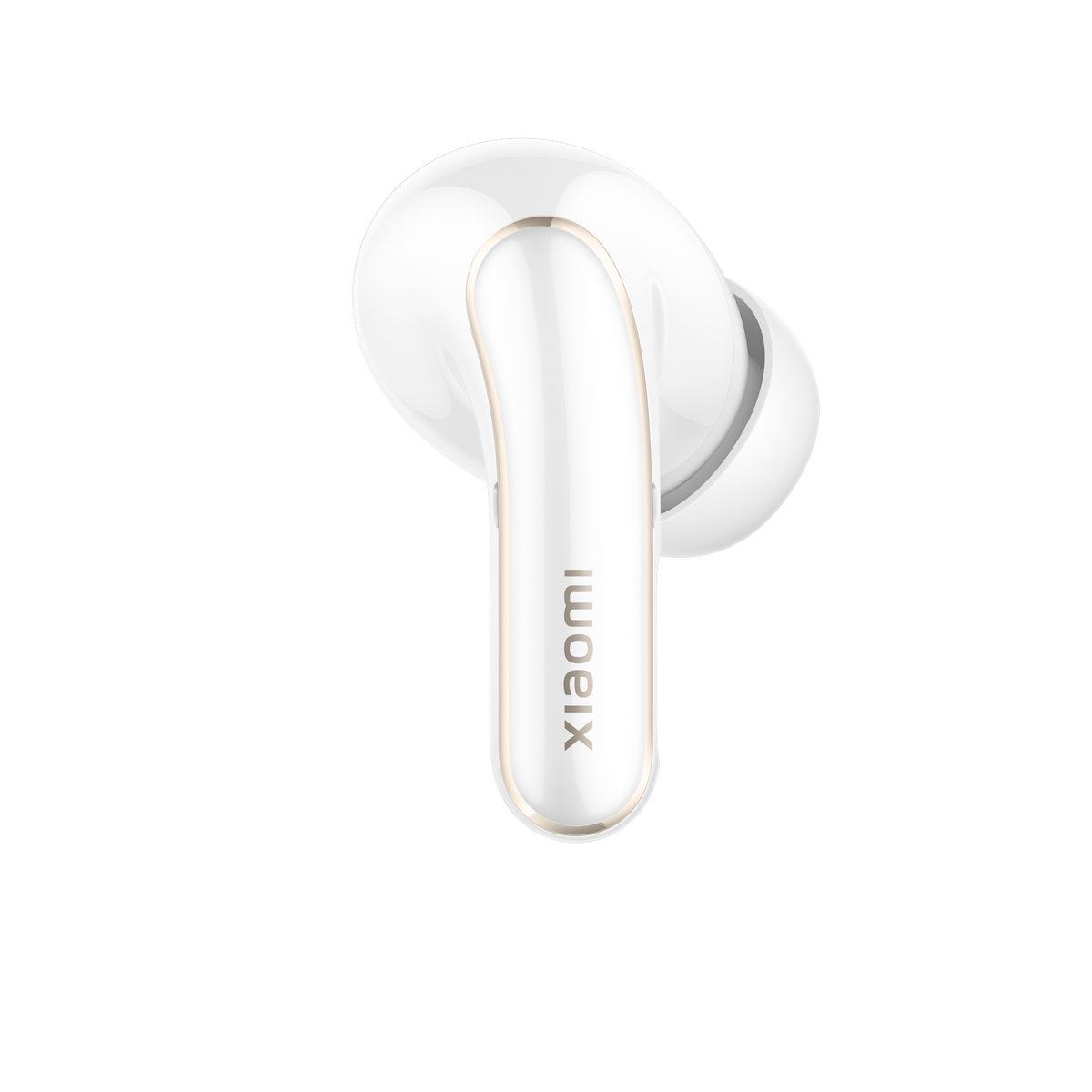 Ein weißer Xiaomi-Ohrhörer. Der Ohrhörer ist nach rechts gerichtet und hat eine schlanke, moderne Form.