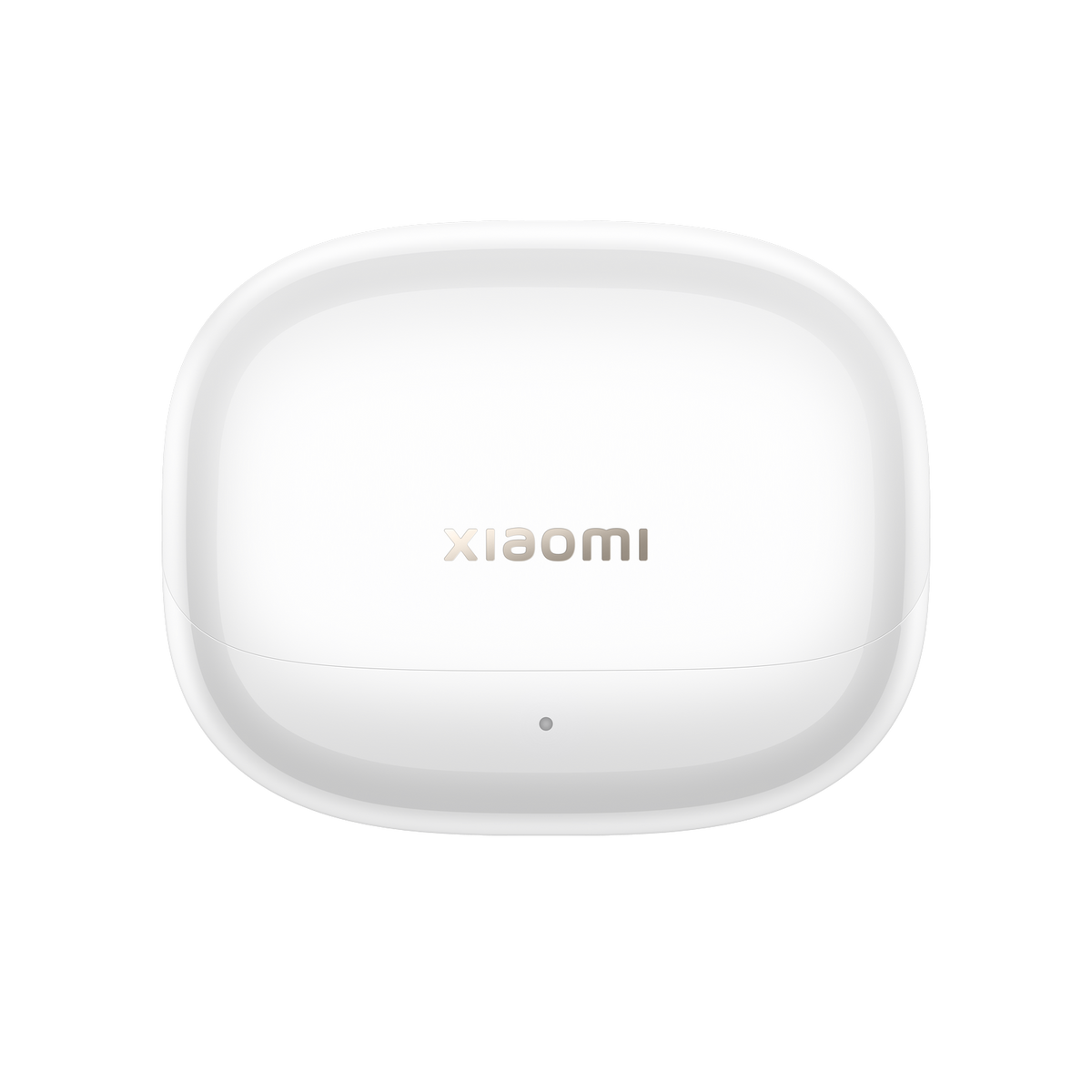 Weißes Xiaomi-Kopfhörer-Etui. Das Etui hat eine abgerundete Form. Xiaomi-Logo zentriert. Weißer Hintergrund.