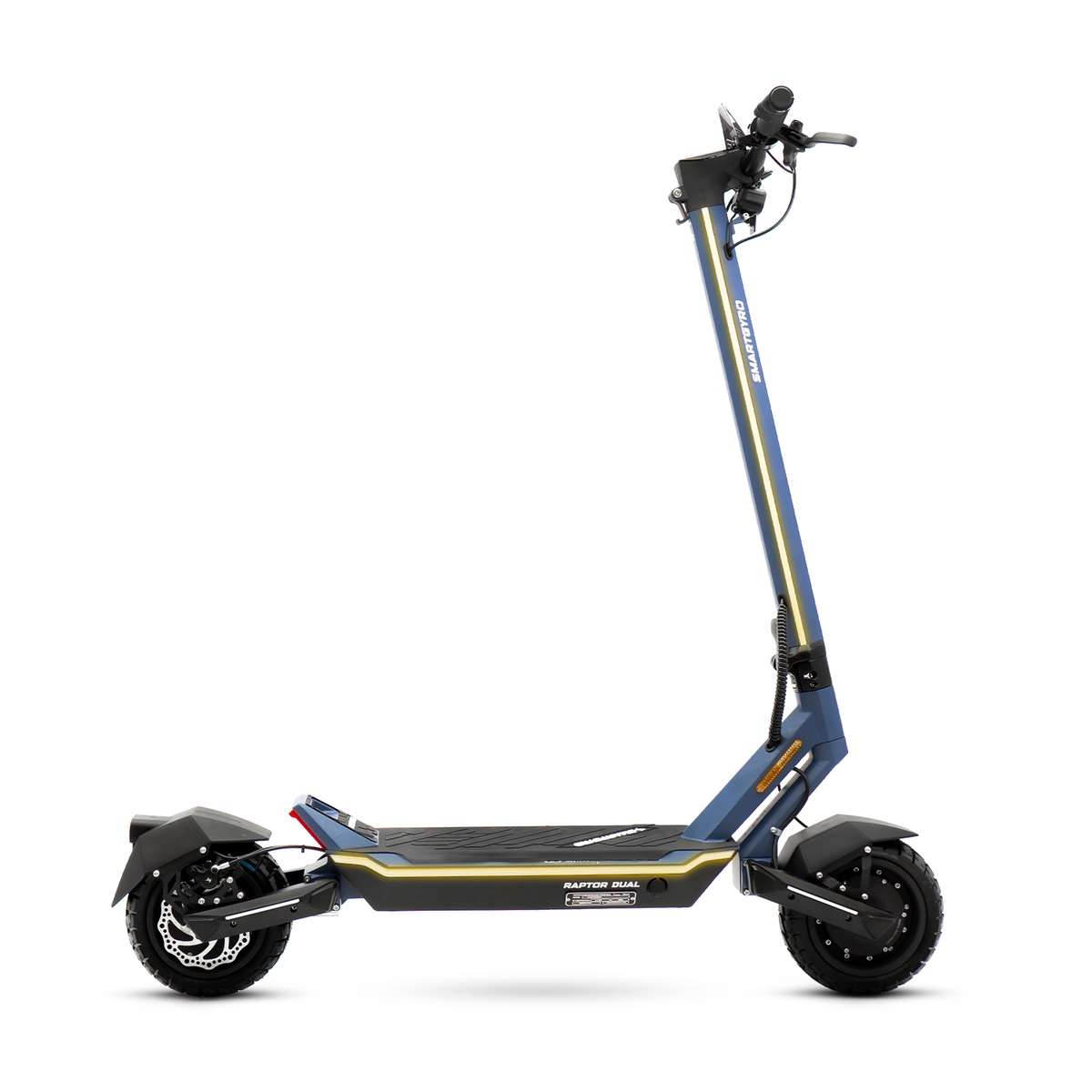Scooter azul con barra de luz, desde el frente. El scooter tiene ruedas negras y un marco azul.