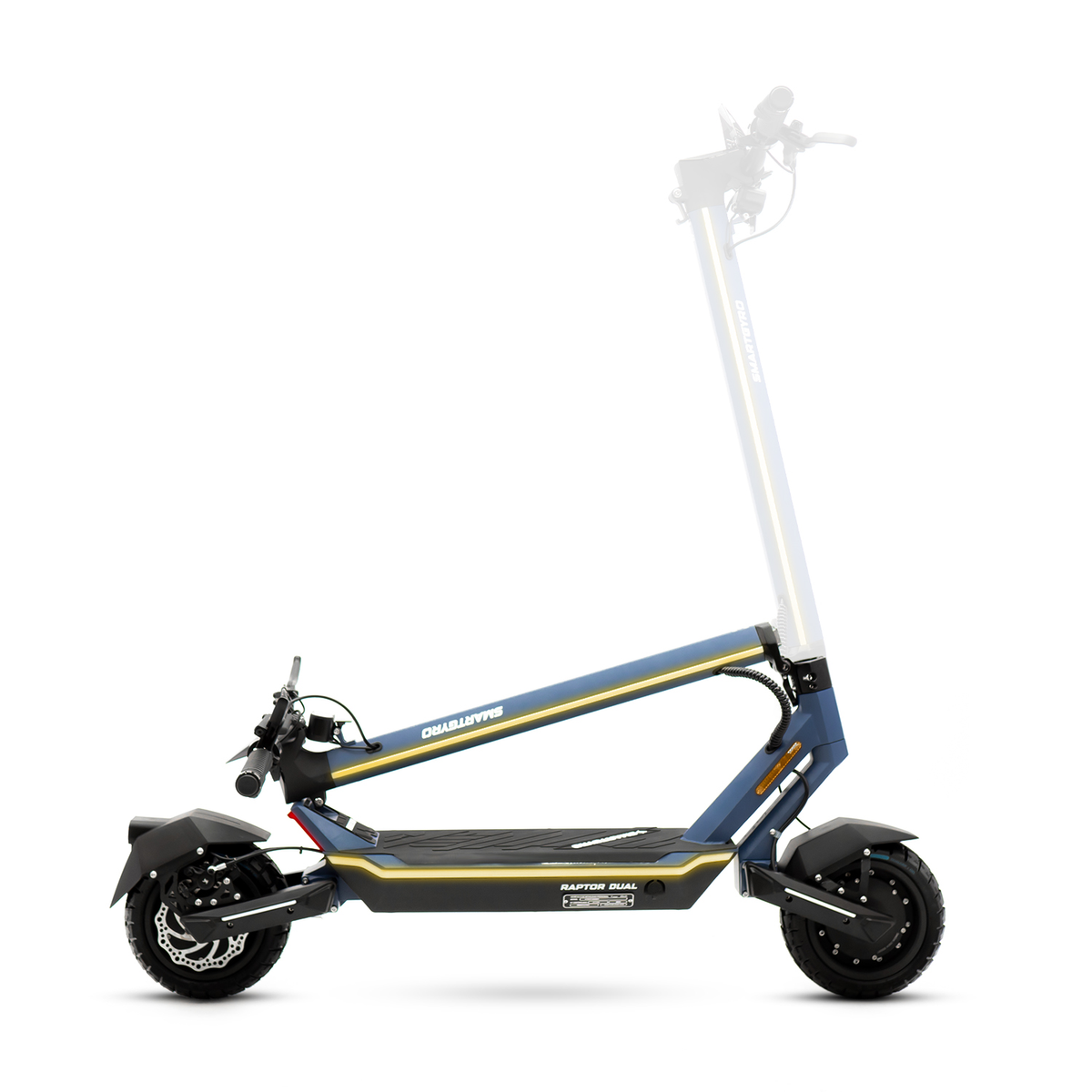 Patinete eléctrico azul y amarillo sobre blanco. Con faro, luz trasera y pata de cabra.