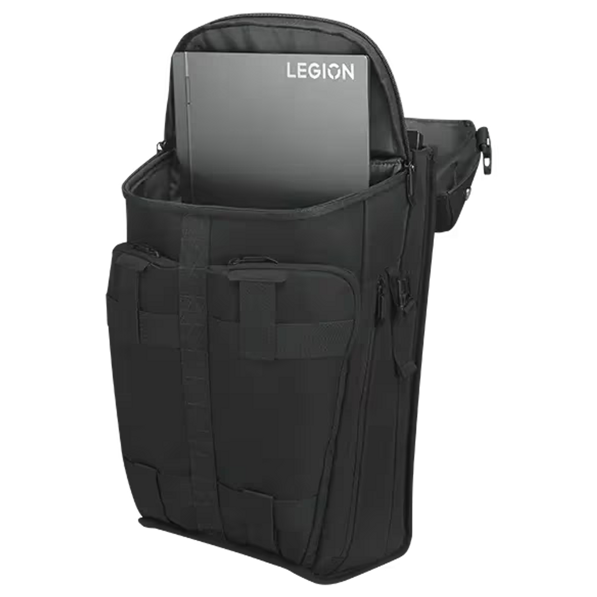 Czarna torba na laptopa Legion z laptopem w środku. Czarna torba na ciemnym tle.