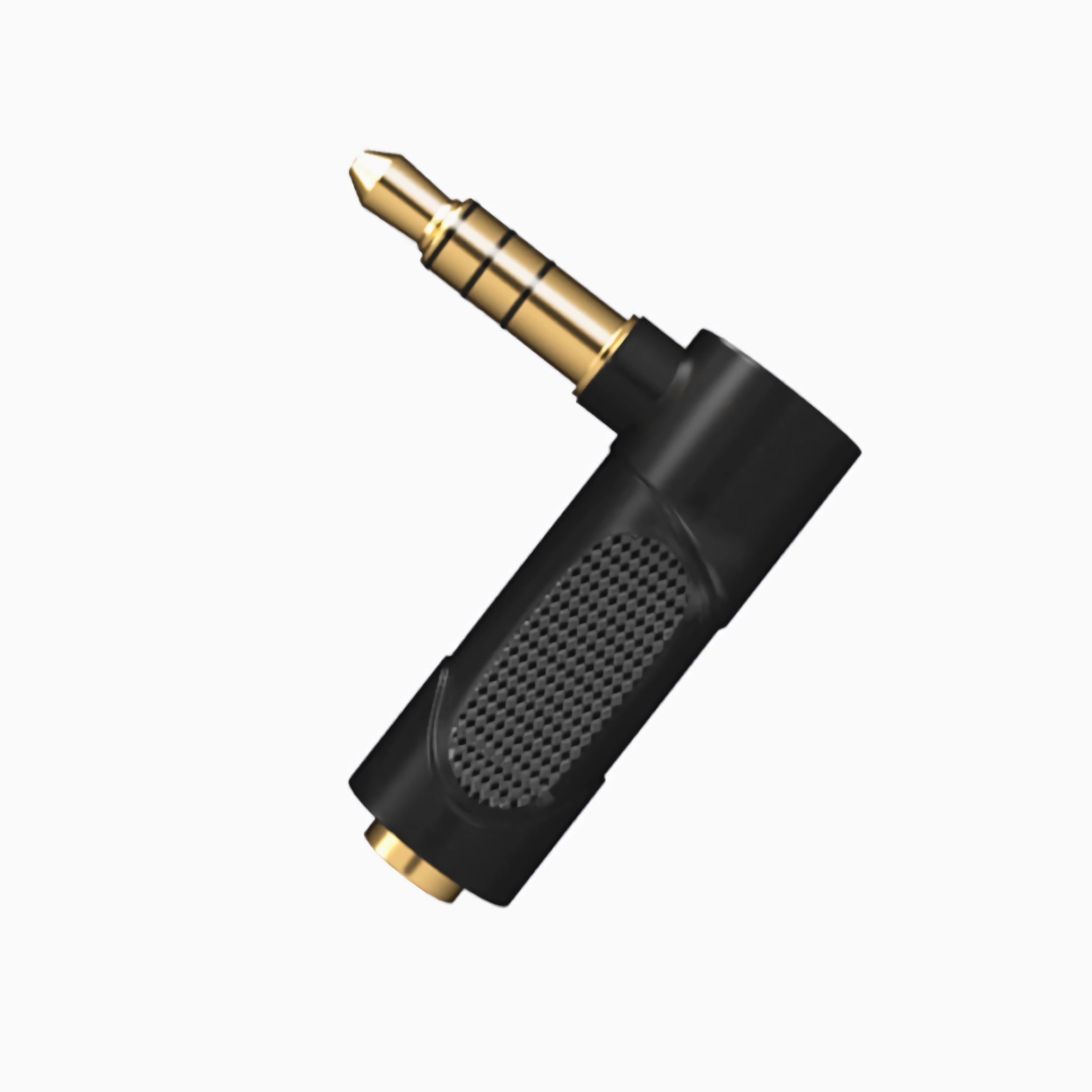 Ein schwarzer und goldfarbener abgewinkelter 3,5-mm-Audio-Klinkenadapter, isoliert auf weißem Hintergrund.