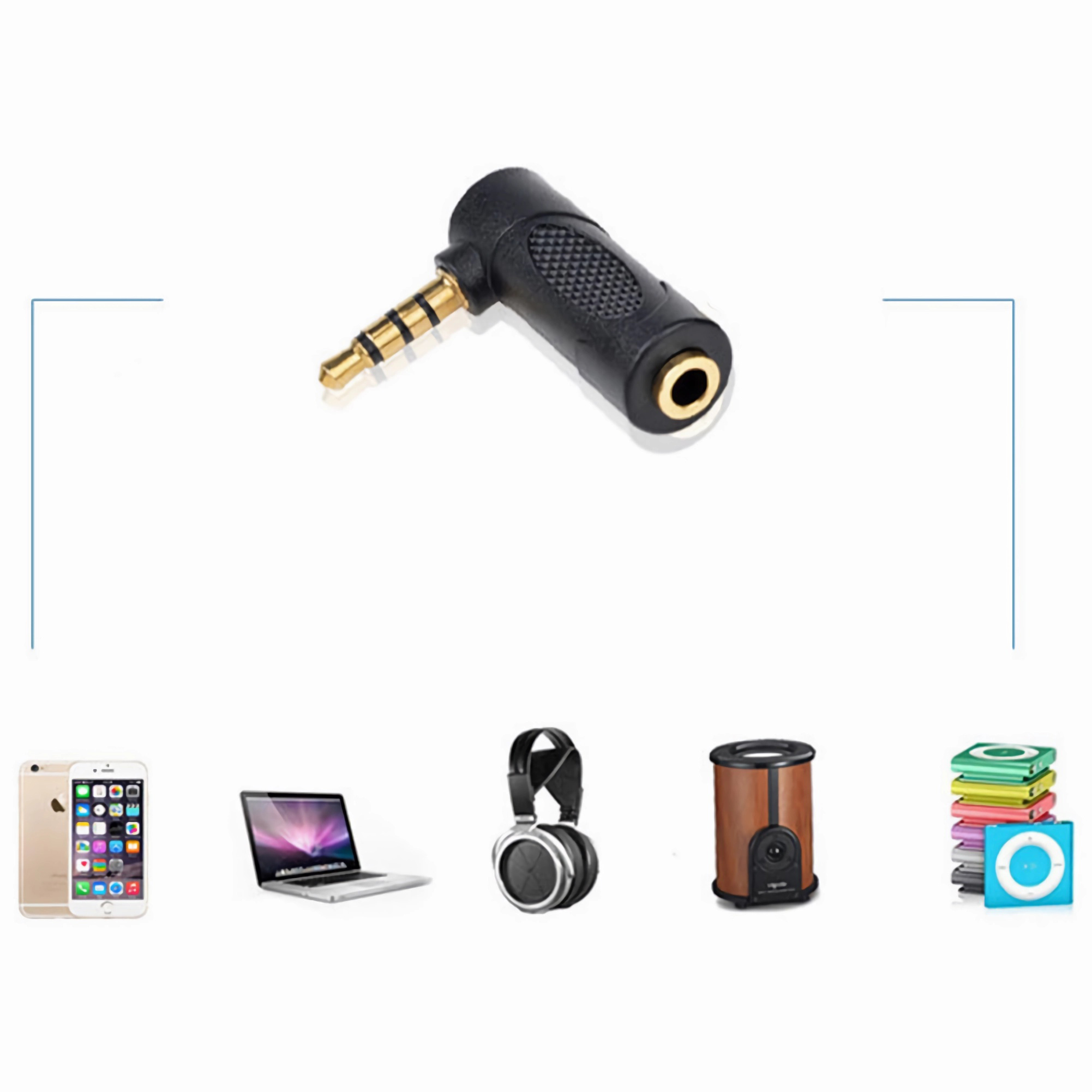 Schwarzer und goldener Audio-Jack-Adapter, mit elektronischen Geräten wie Kopfhörern und Telefonen im Hintergrund.