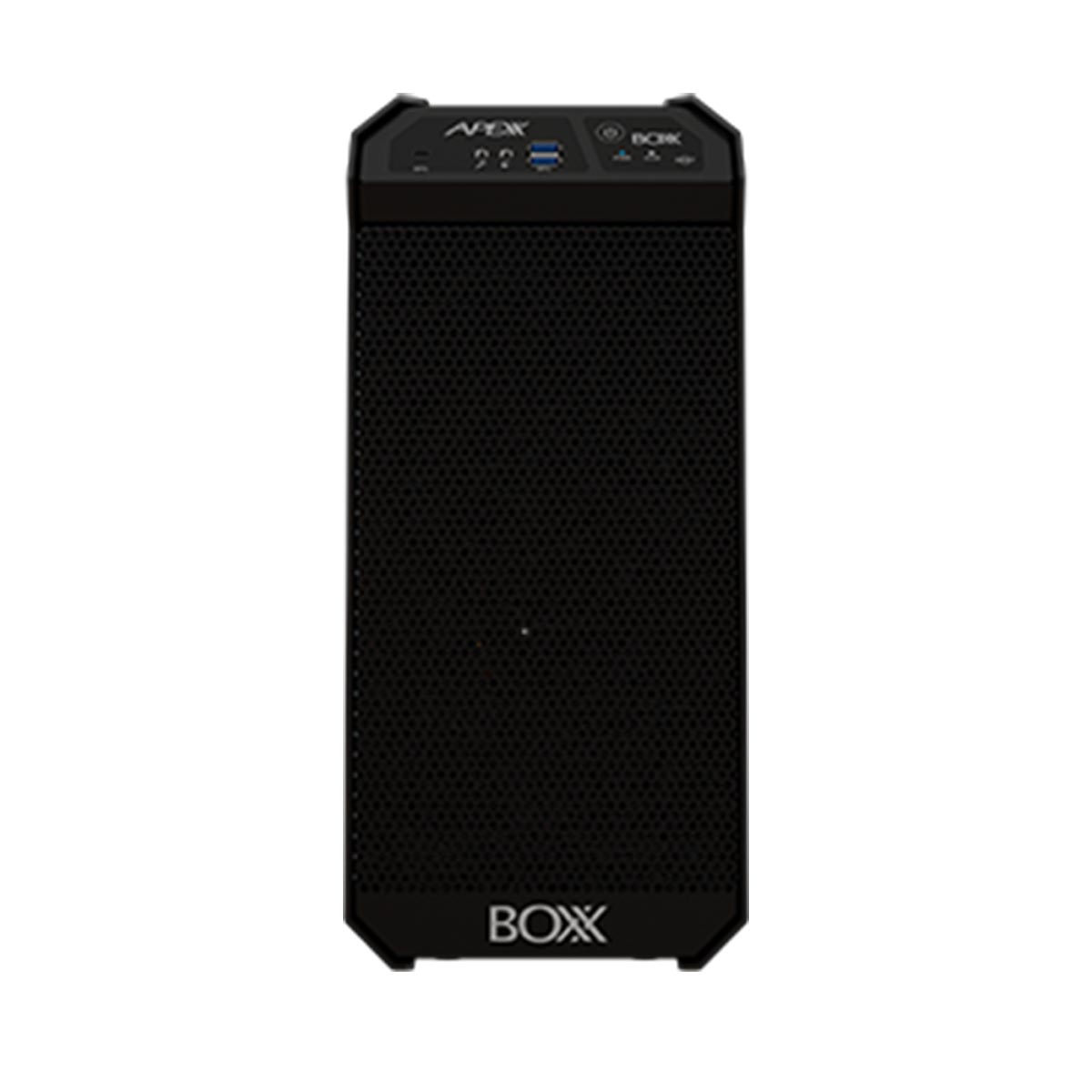 Czarna obudowa komputera z przednim panelem z siatki i napisem 'BOXX'.