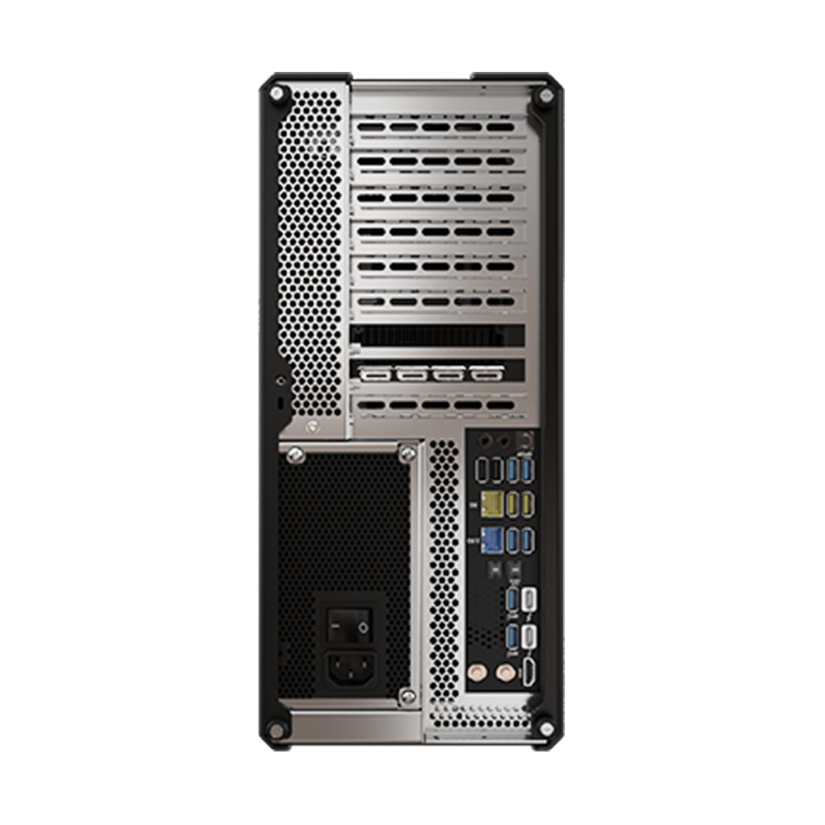 Tył czarnej obudowy komputera. Istnieją różne porty i otwory.