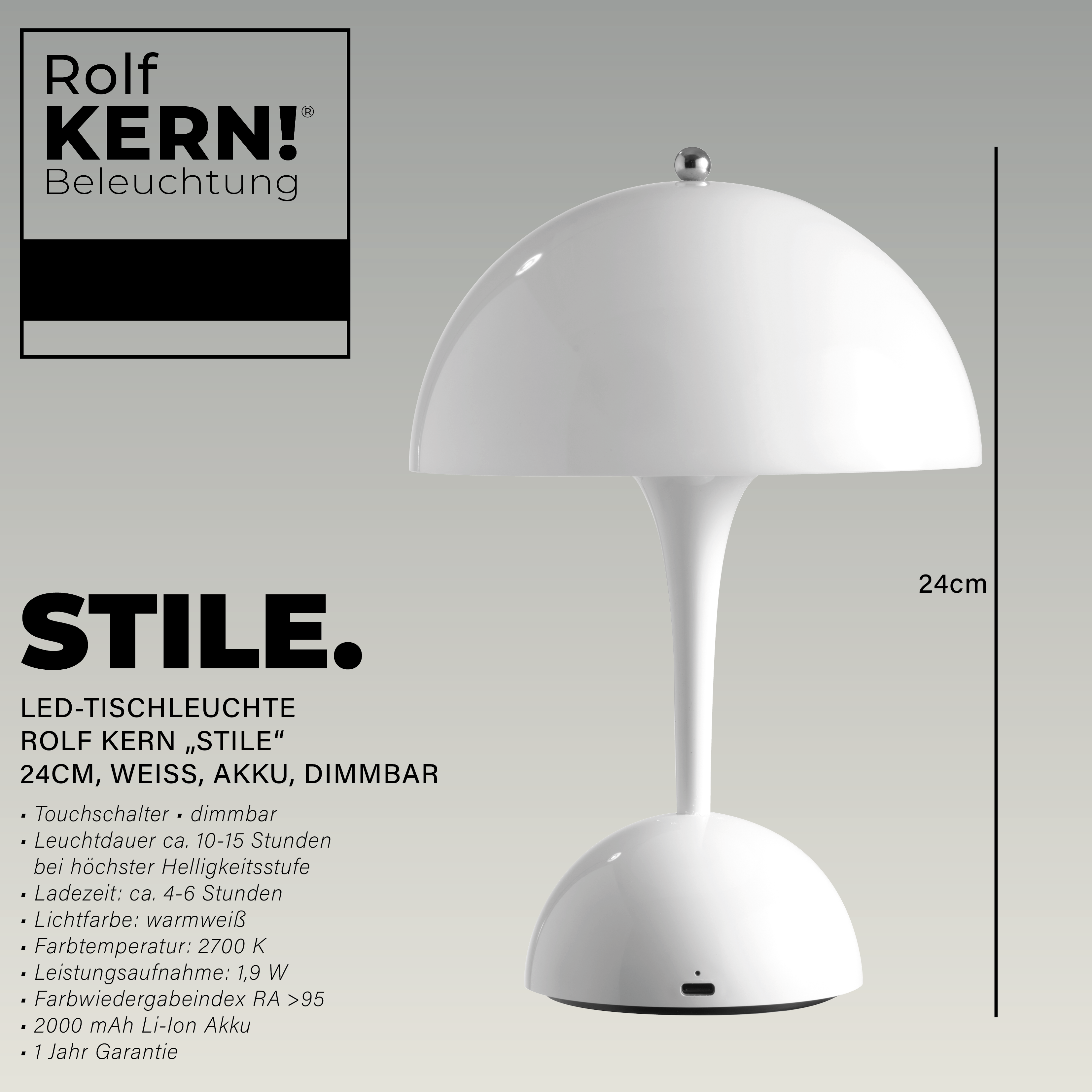 Weiße, pilzförmige LED-Tischlampe mit Produktdetails in deutscher Sprache.
