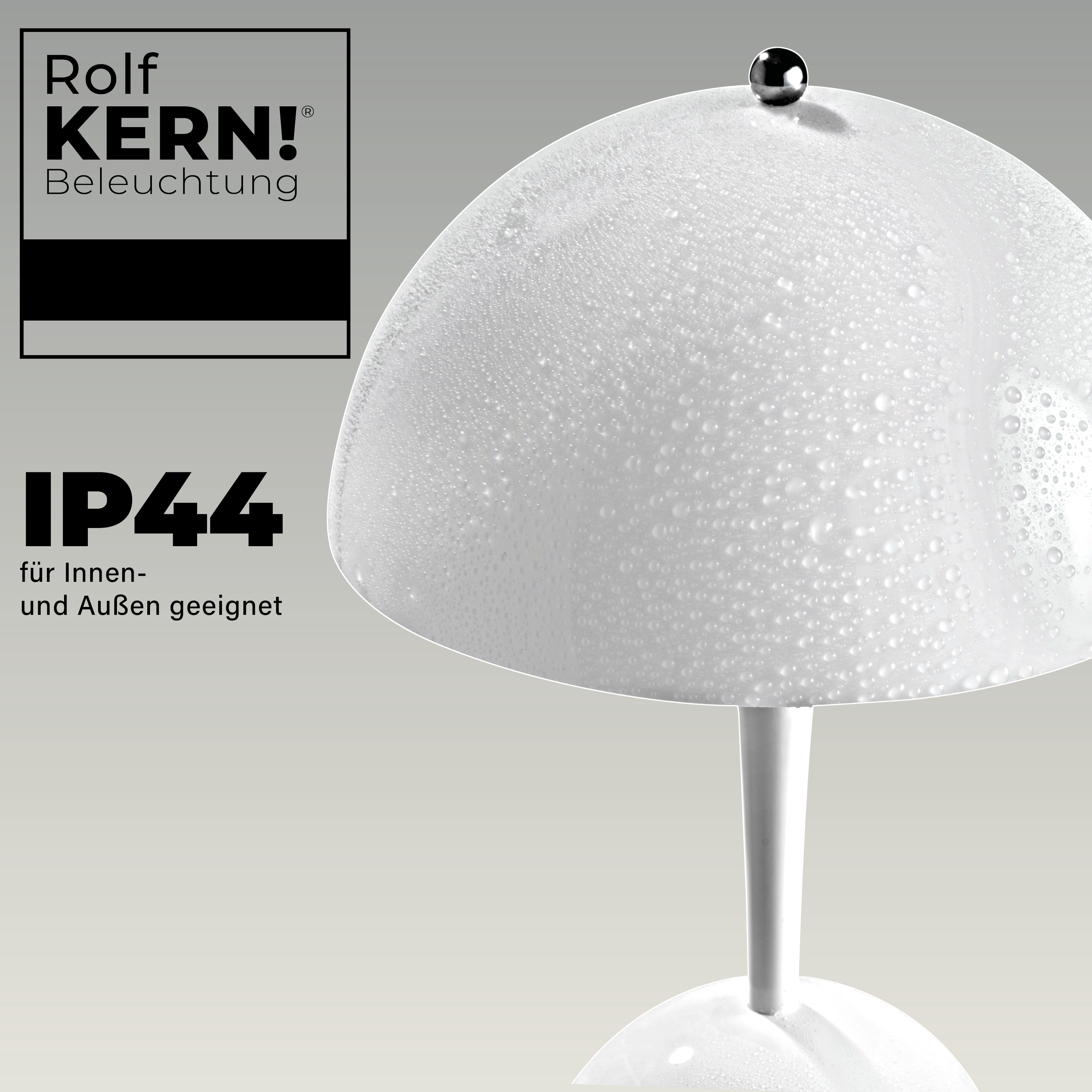 Weiße Lampe mit Wassertropfen, Text und Logo links. Sie steht auf weißem Untergrund.
