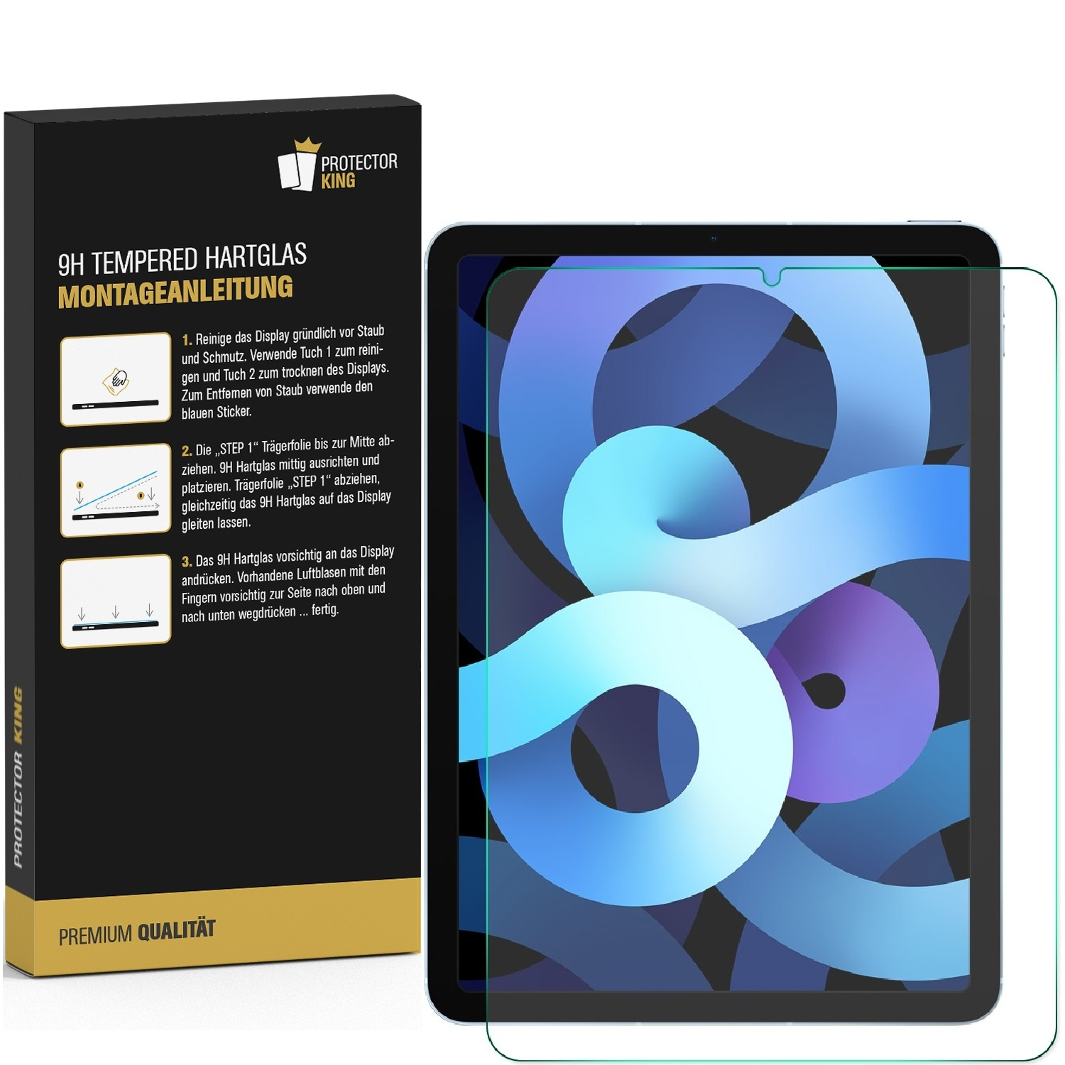 Ein iPad mit Displayschutzfolie und Anweisungen auf der Verpackung.