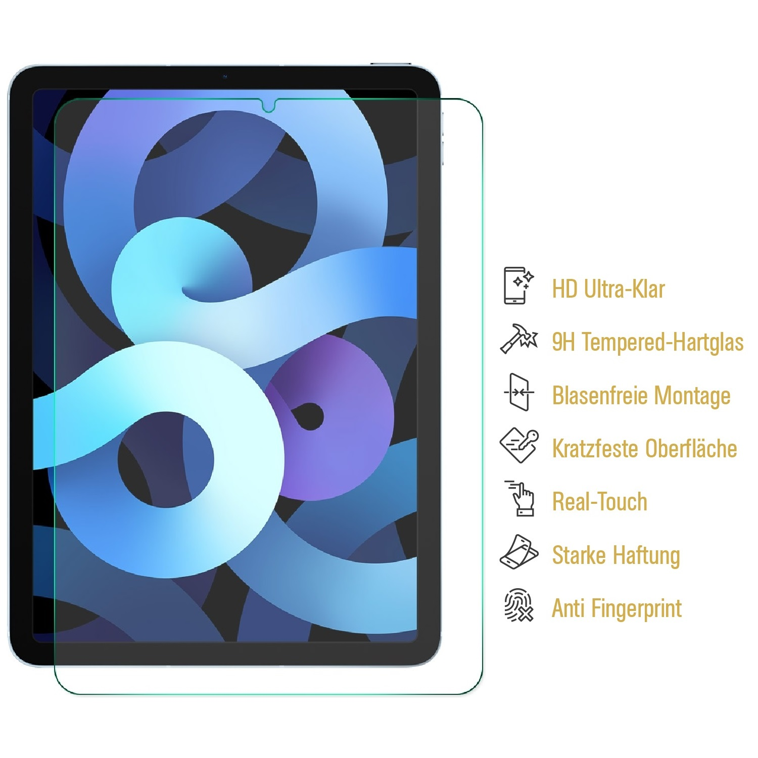 Ein Tablet mit Displayschutz. Der Schutz hat Text und Symbole darauf.