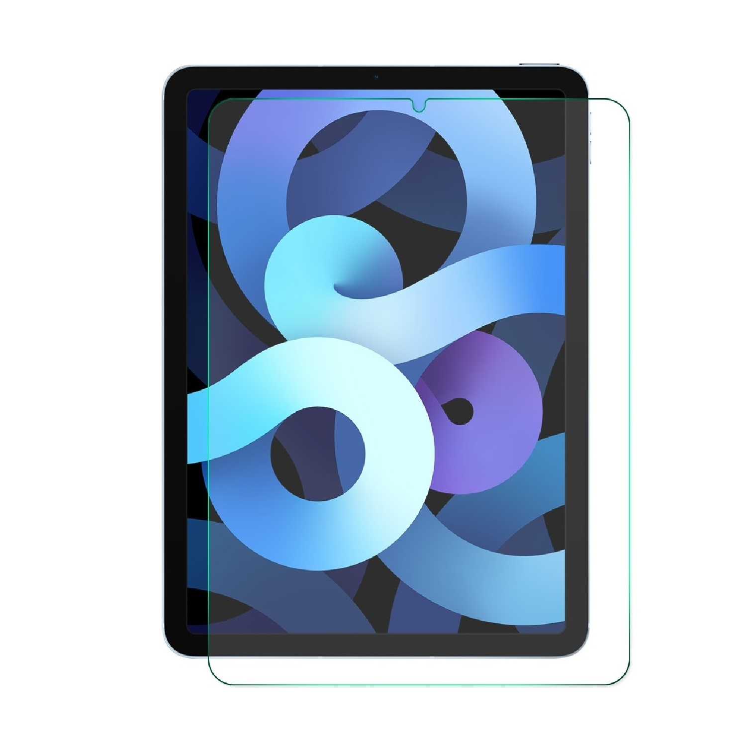 Ein Tablet mit Displayschutz. Das Tablet hat ein blaues und weißes abstraktes Design auf dem Bildschirm.