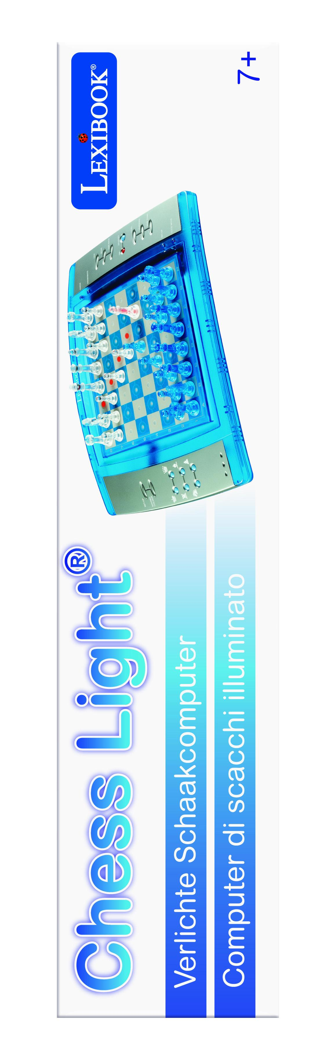 Niebieska i srebrna elektroniczna gra w szachy w opakowaniu, z figurami szachowymi.