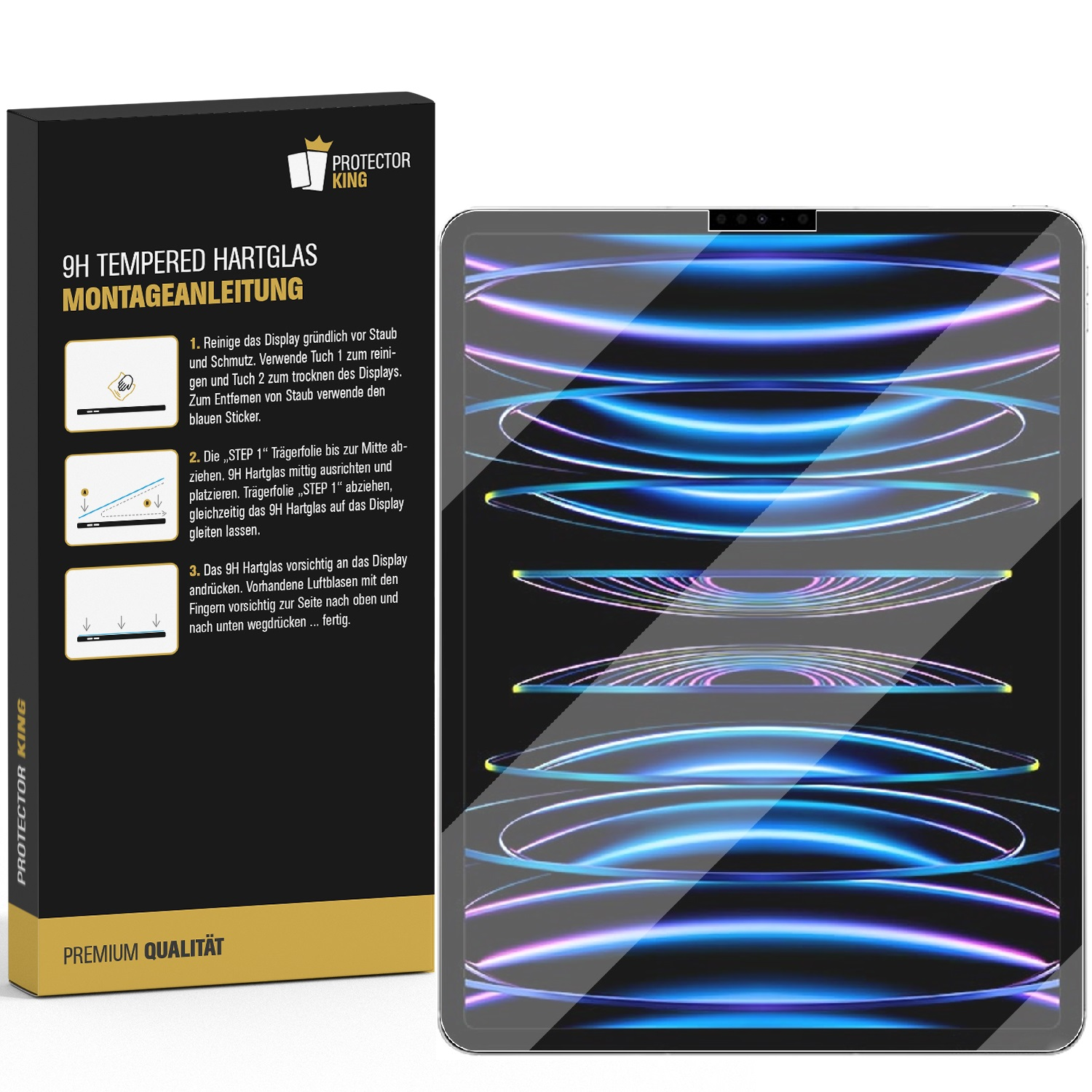 Displayschutzfolie aus gehärtetem Glas für Tablet mit Anleitung und Verpackung.