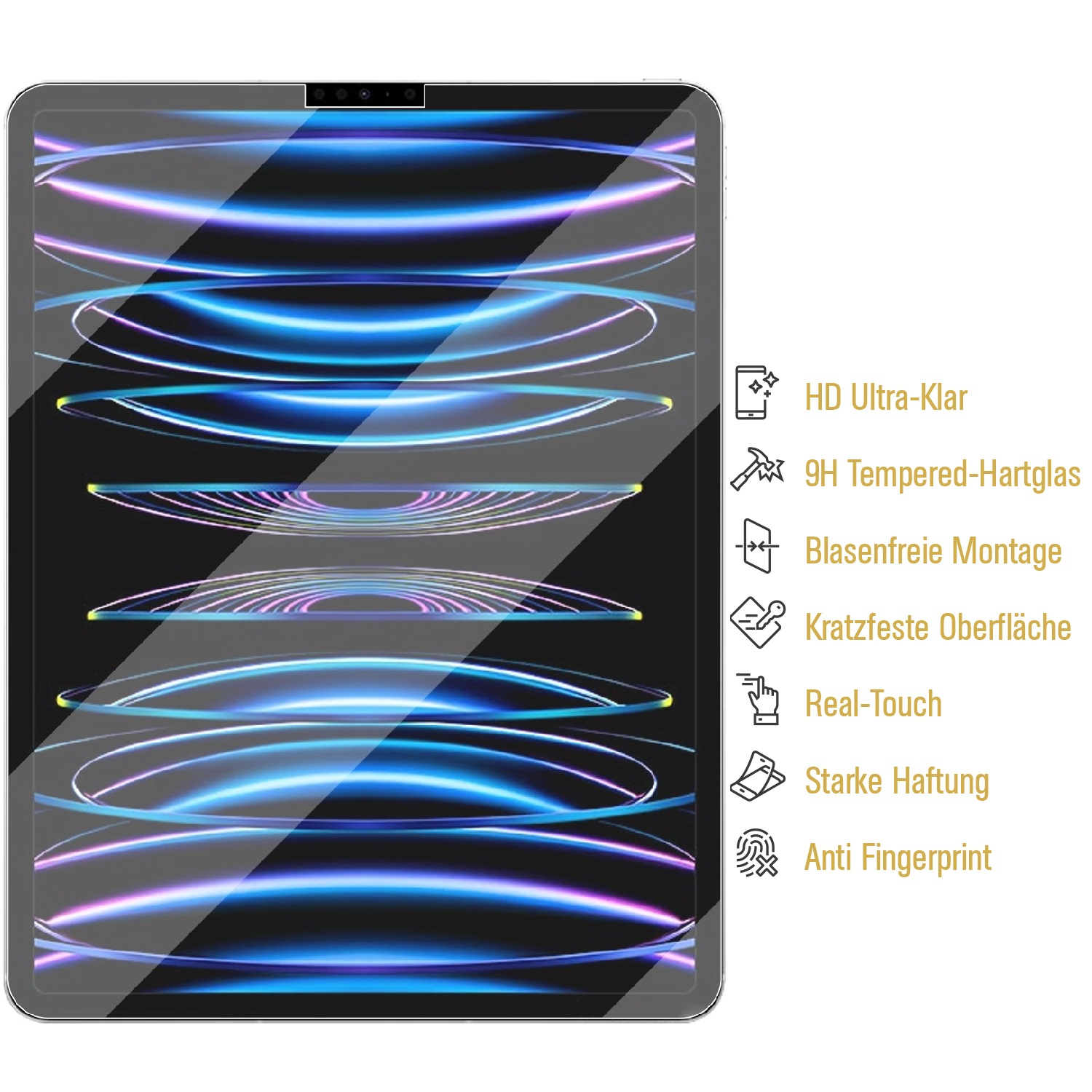 Tabletbildschirm mit angebrachtem Displayschutz. Der Schutz hat Textbezeichnungen und Symbole darauf.