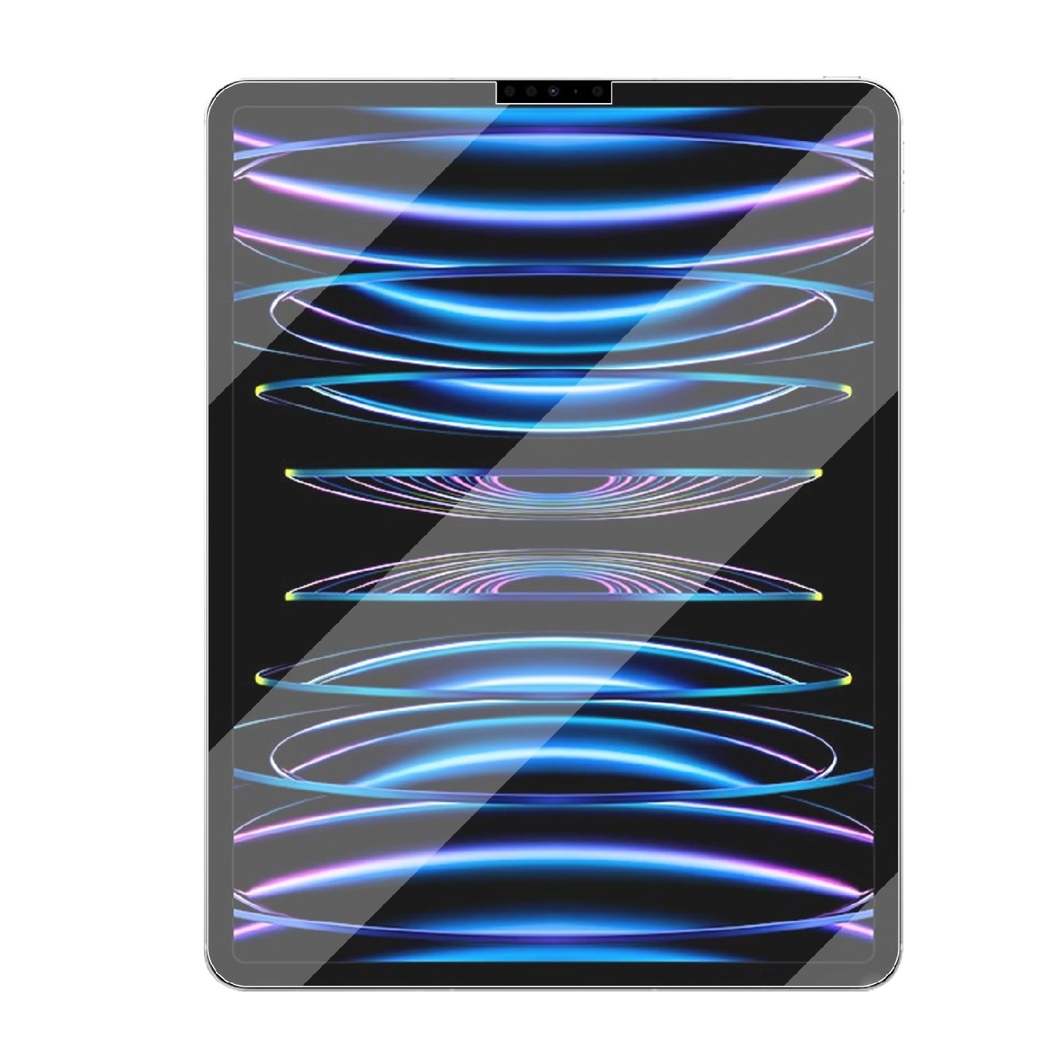 Ein Tablet mit Displayschutz. Der Bildschirm ist schwarz und hat blaue Muster.