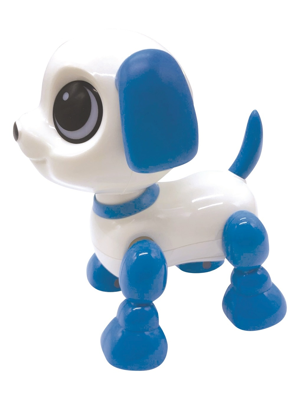 Perro de juguete blanco y azul. Es un perro de juguete. La cabeza es blanca y las orejas azules.